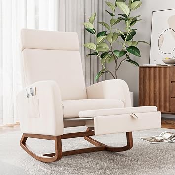 Rocking Chair Nursery with Footrest High Back Linen Glider Rocker Chair