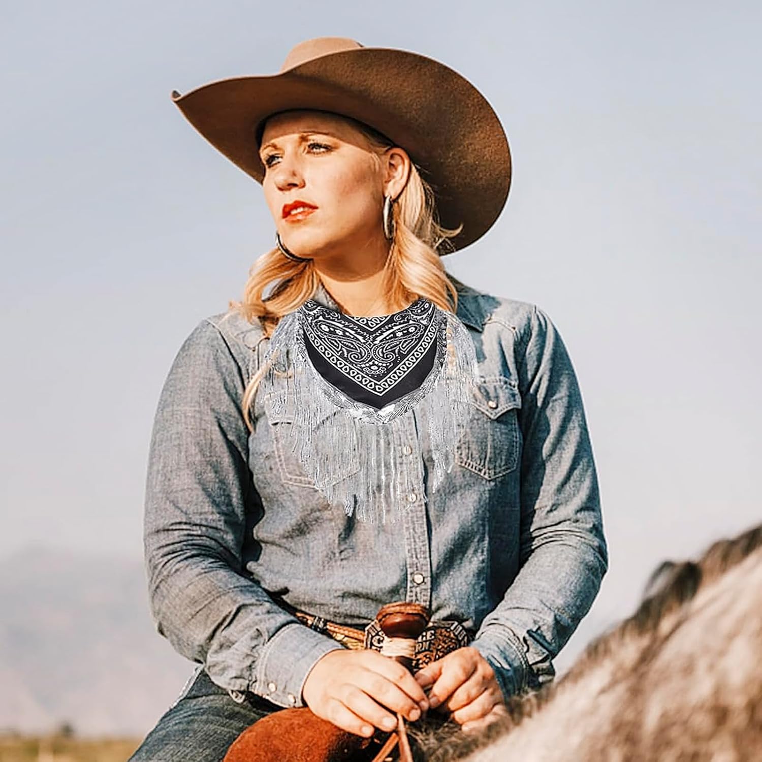Women Fringed Bandana Western Cowgirl Scarf Tassel Neckerchief Bachelorette Last Disco Party Favor - Image 3