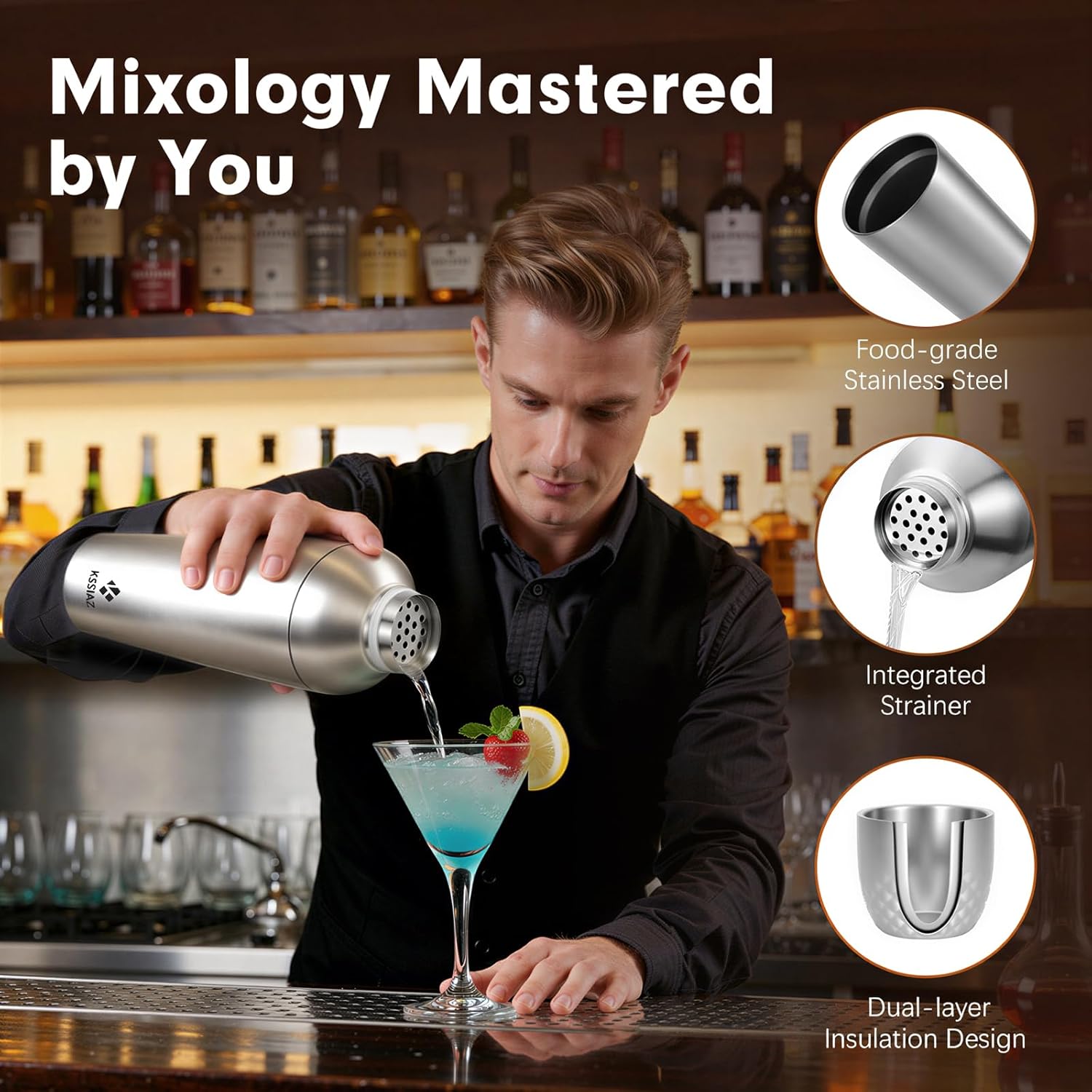 Cocktail Shaker Set with Stackable Cups, Vacuum Insulated Stainless Steel Martini Shaker Set, Portable Travel Bartender Kit with Bartender Accessory Tools, 25.4oz, Silver