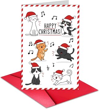 TQDaiker "Happy Christmas! Cute Cat Holiday Card, Adorable Cartoon Kittens Singing & Dancing, Perfect for Kids, Pet Lovers or Family, Envelope Included.