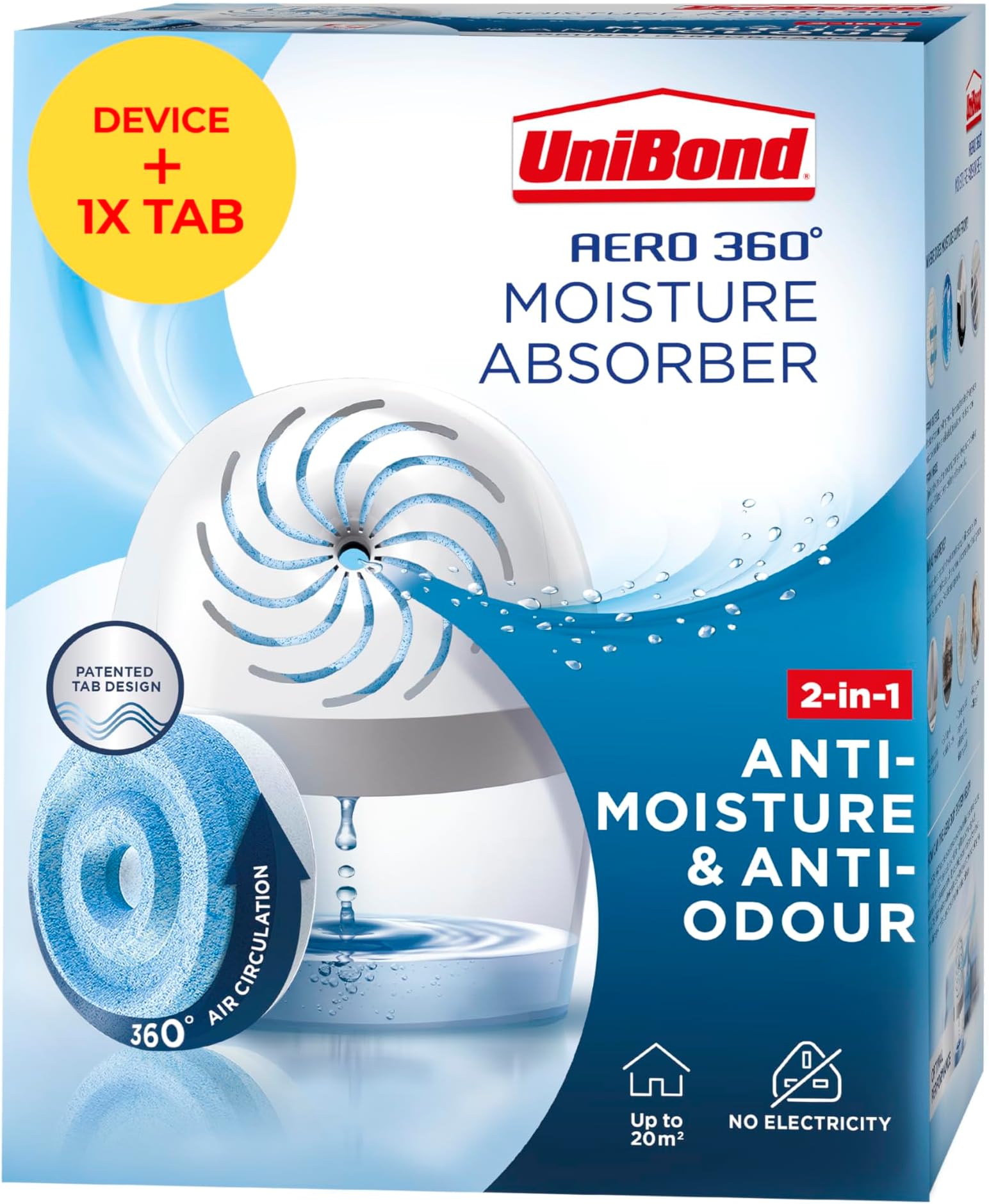 UniBond AERO 360� Moisture Absorber, 1 Device incl. 1 Refill Tab 450g, Ultra-Absorbent Dehumidifier, Helps to Prevent Condensation, Mould & Musty Smells, Recyclable, Refillable Condensation Absorber