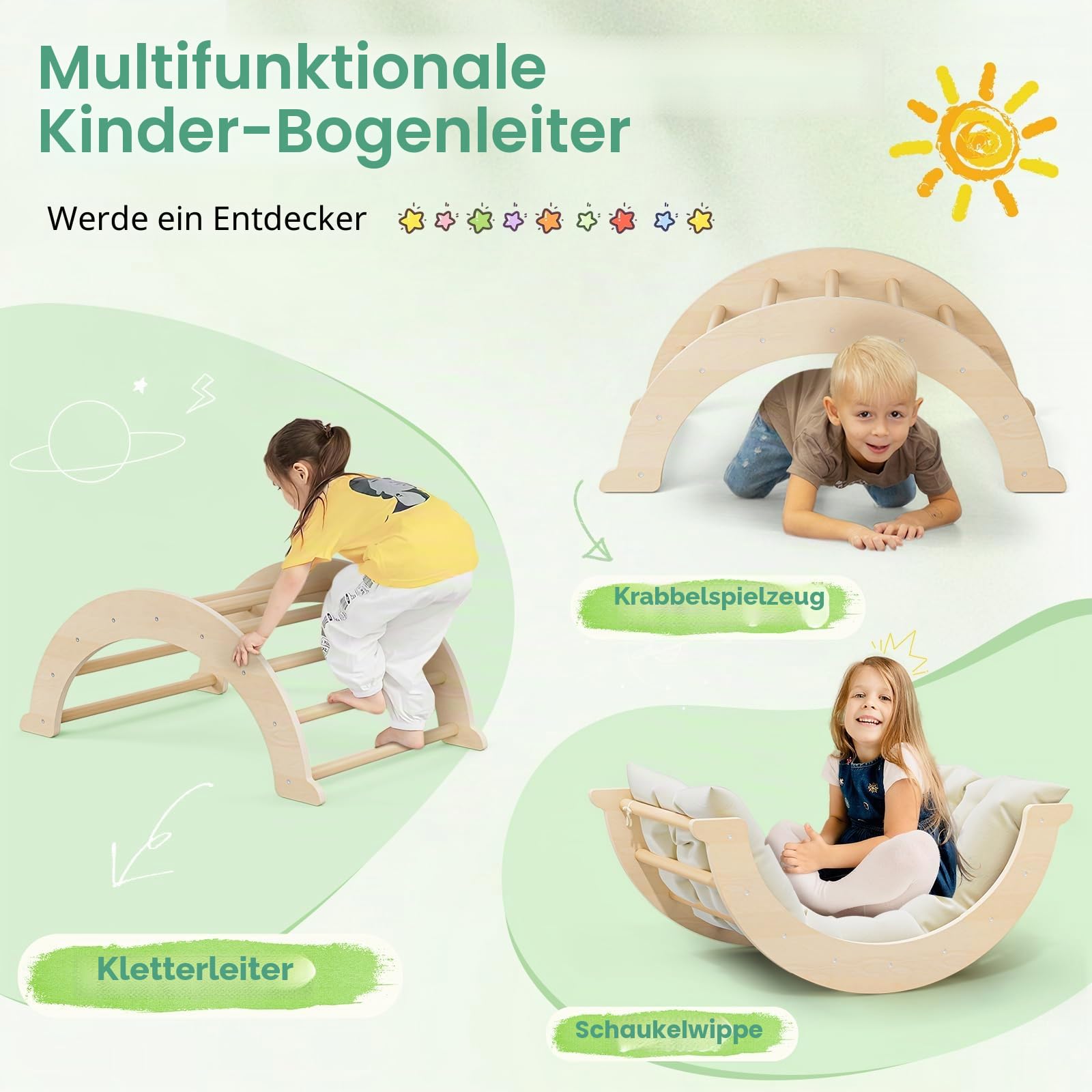 Montessori Kletterbogen mit Kissen, 3-in-1 Klettergerüst mit Bogen & Matte für Kleinkinder und Kinder