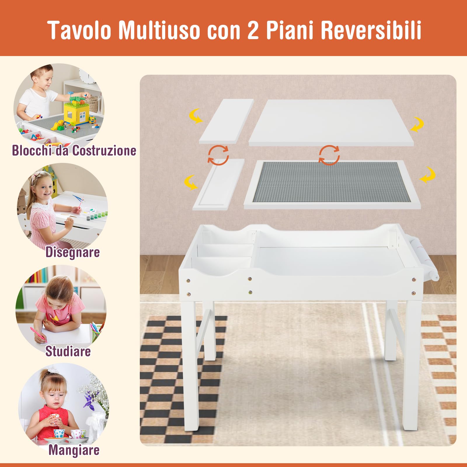 COSTWAY Tavolo da Gioco per Bambini in Legno con Piano Reversibile, Tavolo Multiattività Bambini 2 in 1, Porta Rotolo di Carta da Disegno, per Camera da Letto, Soggiorno (Bianco)