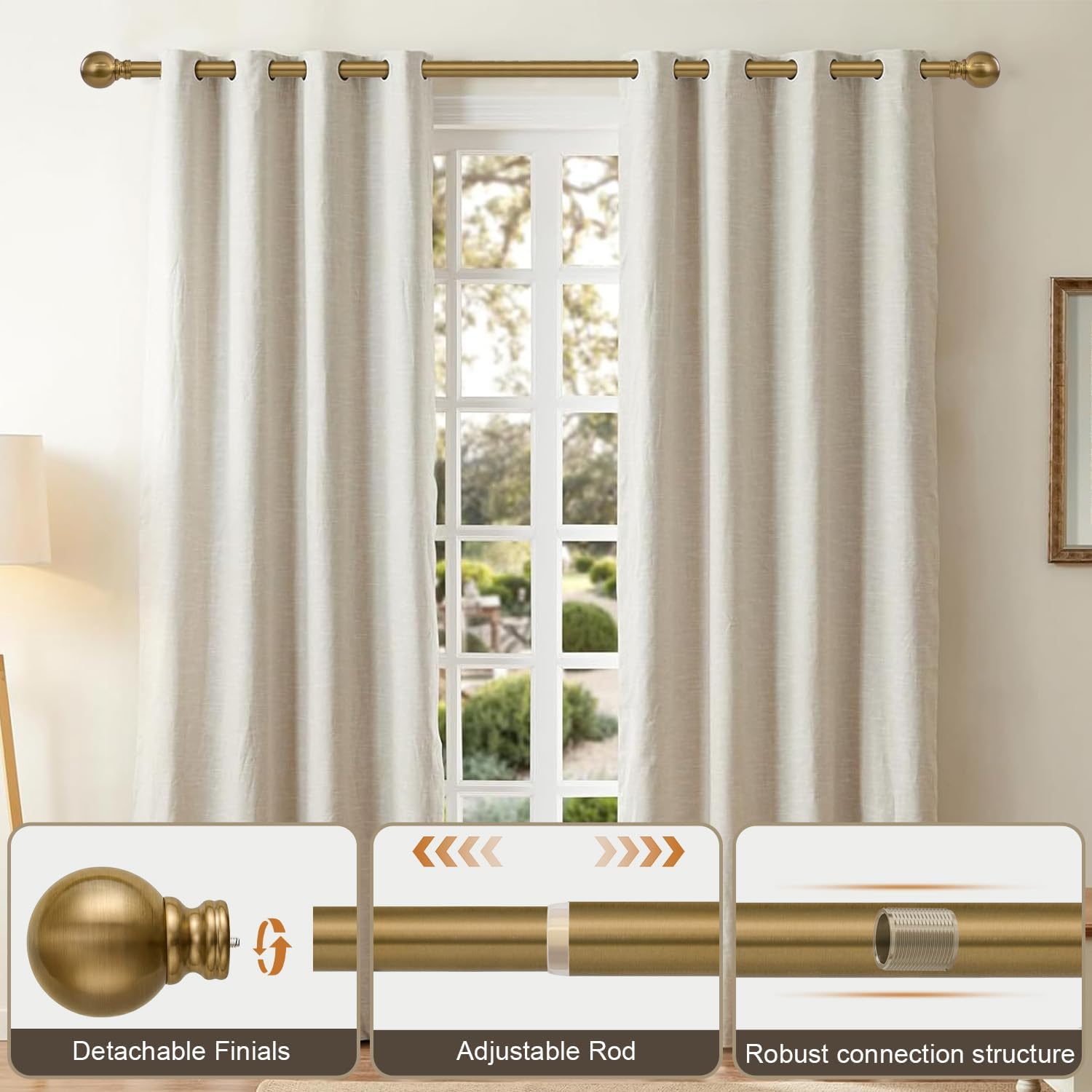 Warm Gold Curtain Rods for Windows Small 28 to 48 Inch 1 Diameter Short