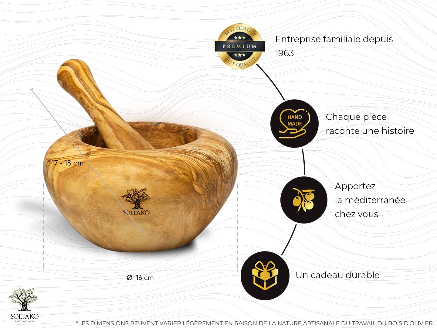SOLTAKO Mortier et Pilon - Ensemble de Mortier et Pilon en Bois d'Olivier - Broyeur pour Poivre, Épices - Mortier Africain - Bois d'Olivier Tunisien - Cuisine Artisanale Ø env.16cm