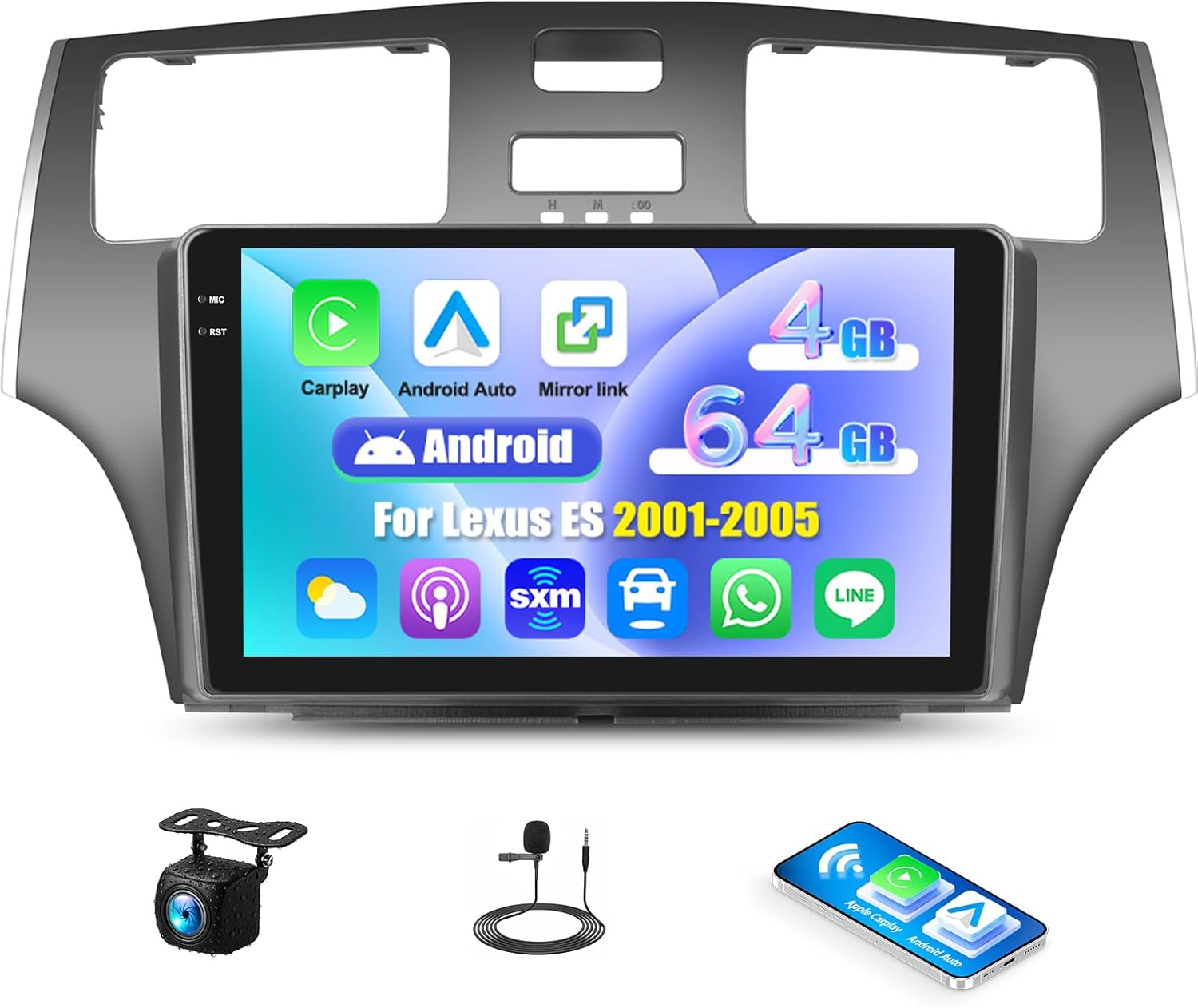 [4G+64G] Android Car Radio for Lexus ES 2001 2002 2003 2004 2005 with Carplay Android Auto 9 Inch Touch Screen Bluetooth FM RDS/WiFi/GPS Navigation/SWC+AHD Backup Camera