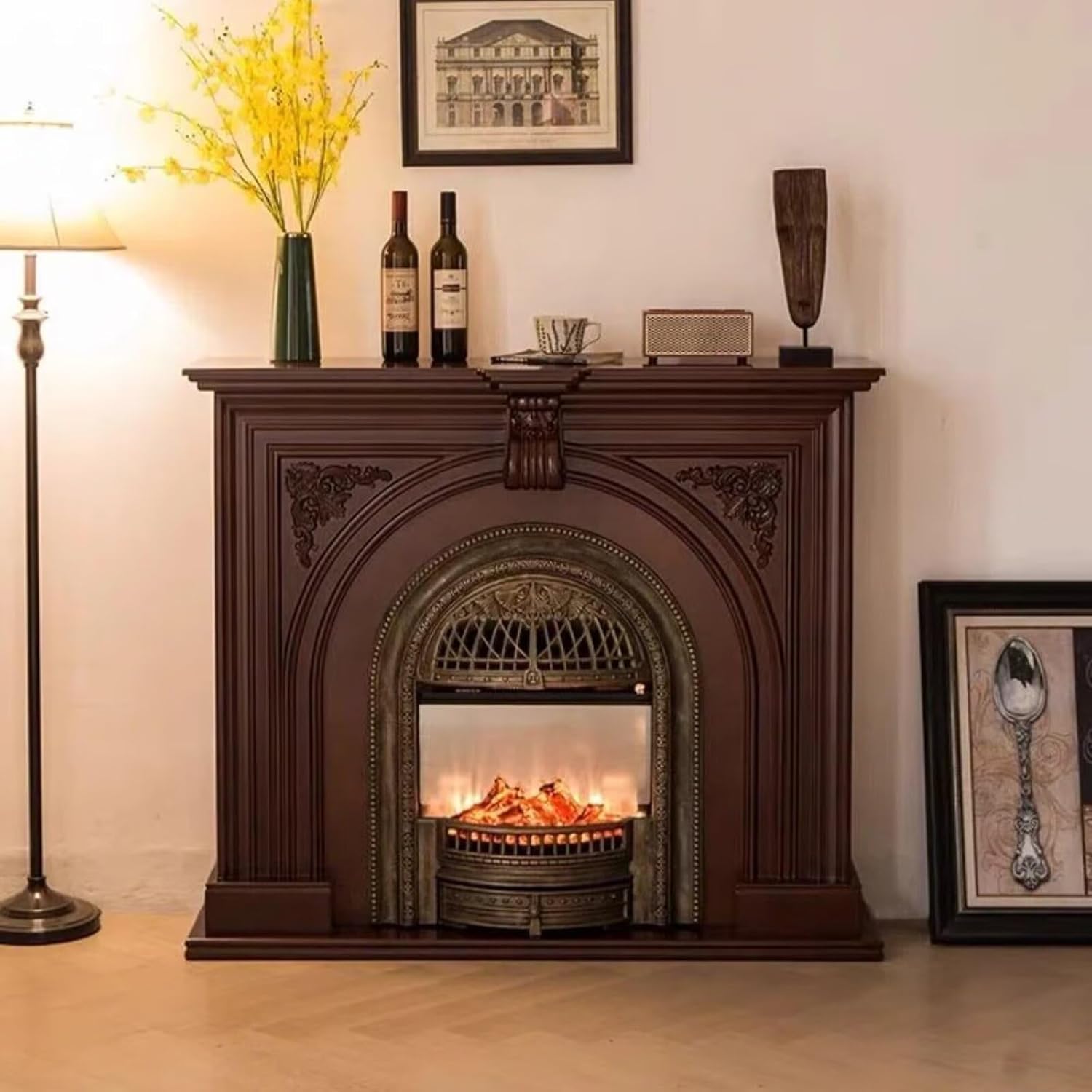 Electric Fireplace - Tall Electric Fireplace Heater with Mantel Includes Birdcage Firebox, Vintage Cabinet with Decorative Real Flame Insert & Heating for Indoor (Brown 47IN)