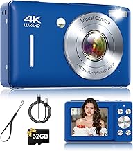 Digital Camera, 44MP FHD 1080P Point and Shoot Digital Camera with Anti Shake, Small Digital Camera with Face Detect, 32GB SD Card, 16X Zoom Camera for Kids, Teens, Boys, Girls Blue