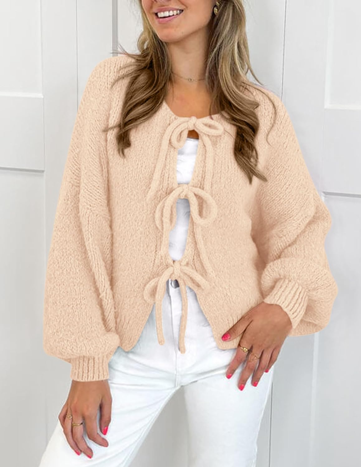 PRETTYGARDEN Women's Tie Front Bow Cardigan Sweaters Chunky Knit Long Puff Sleeve Trendy Fall Winter Jacket Coats - Image 3