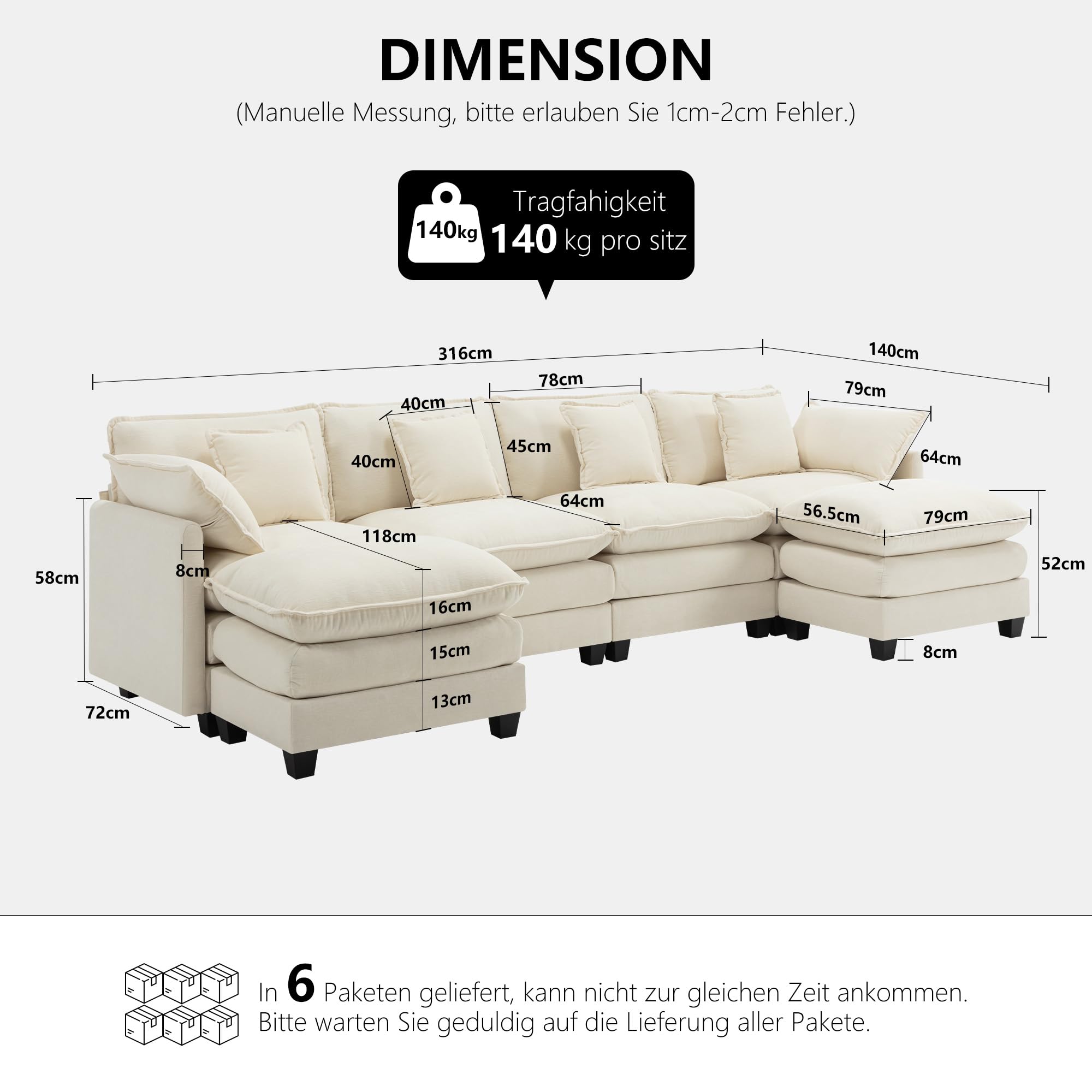 Urhanherry U-Form Cloud Sofa, Modulares Sektionssofa 6-Sitzer mit 2 Ottomanen, Modernes Sofa mit Dekokissen/Armlehnen, Atmungsaktivem Chenille-Stoff, U Sofa Couch für Wohnzimmer, Beige