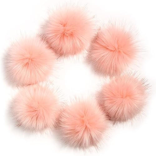Miniatura 10 de Paquete de 6 pompones de piel de zorro sintética de 3.9 pulgadas3.9in, pompón peludo con lazo elástico para hacer punto, manualidades, sombrero,