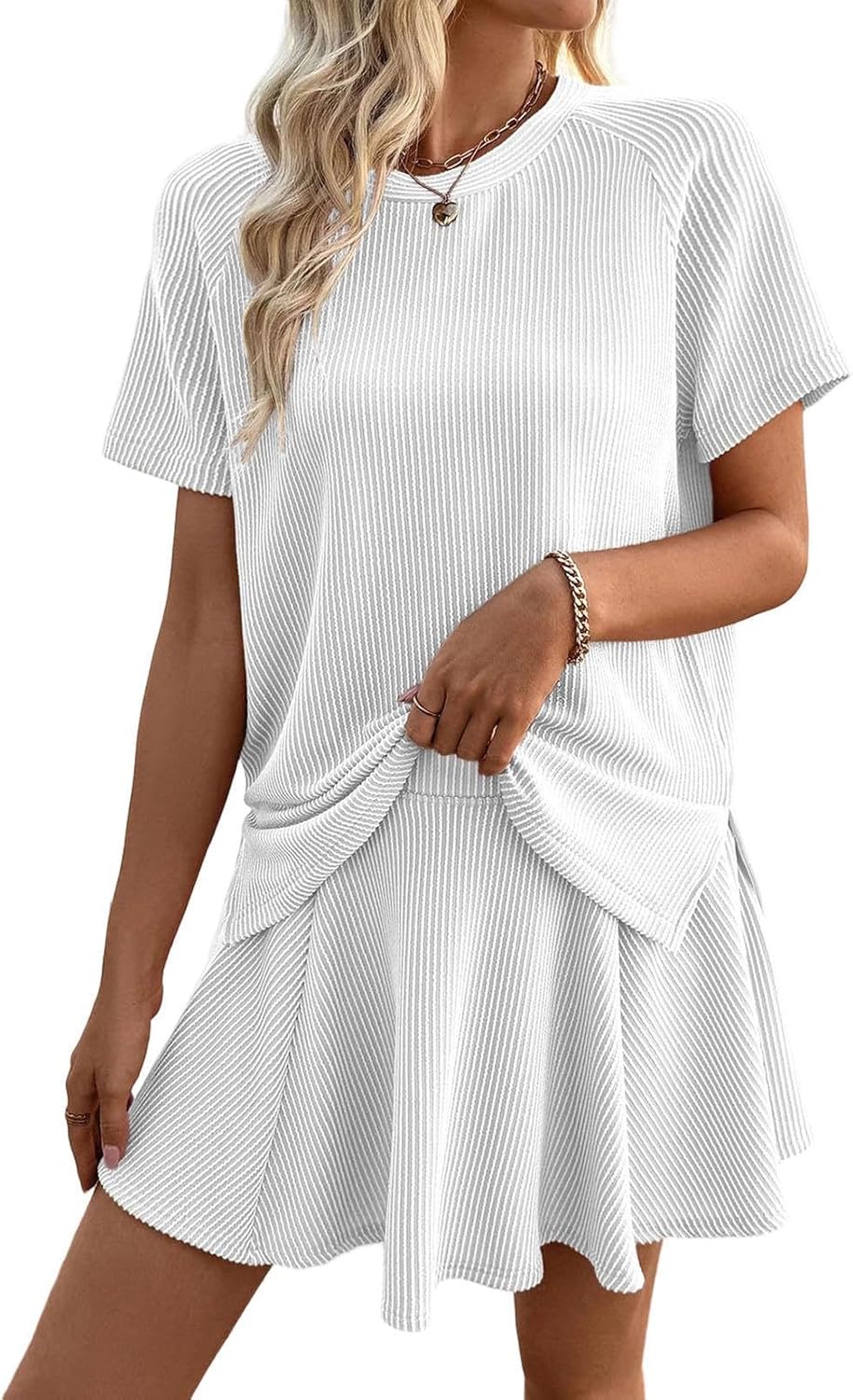 Womens Two Piece Skirt Set,Short Sleeve - Loose Fit T Shirt Matching Tennis Skort Travel Outfit - for Workout l White