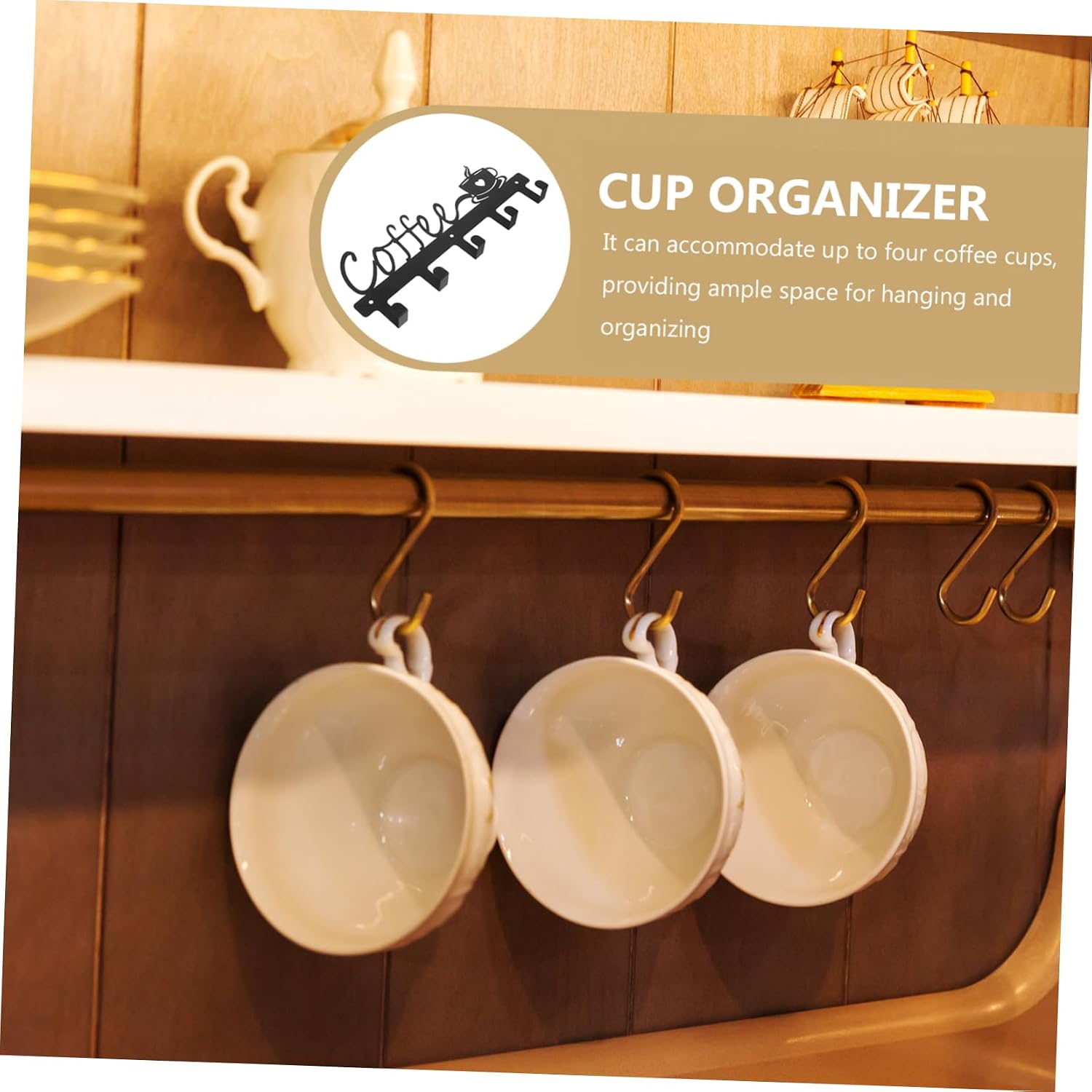 Wall-Mounted Coffee Mug Rack for Kitchen Stylish Iron Cup Holder Four Hooks for Organizing Cups Mugs and Towels Home Office Bar Decor