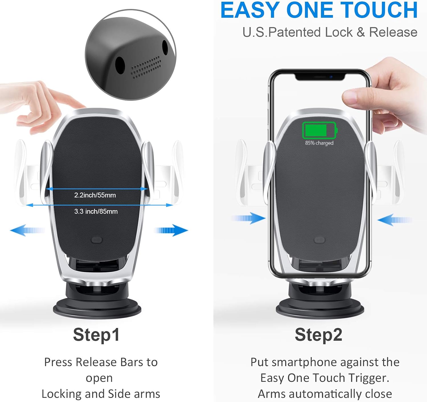 Moskee Wireless Car Charger Mount,Automatic Clamping,Qi 10W 7.5W Fast Charging,Air Vent Phone Holder Compatible with iPhone 11 11 Pro Max Xs MAX XS XR X, Miyababy Samsung Galaxy (Silver)