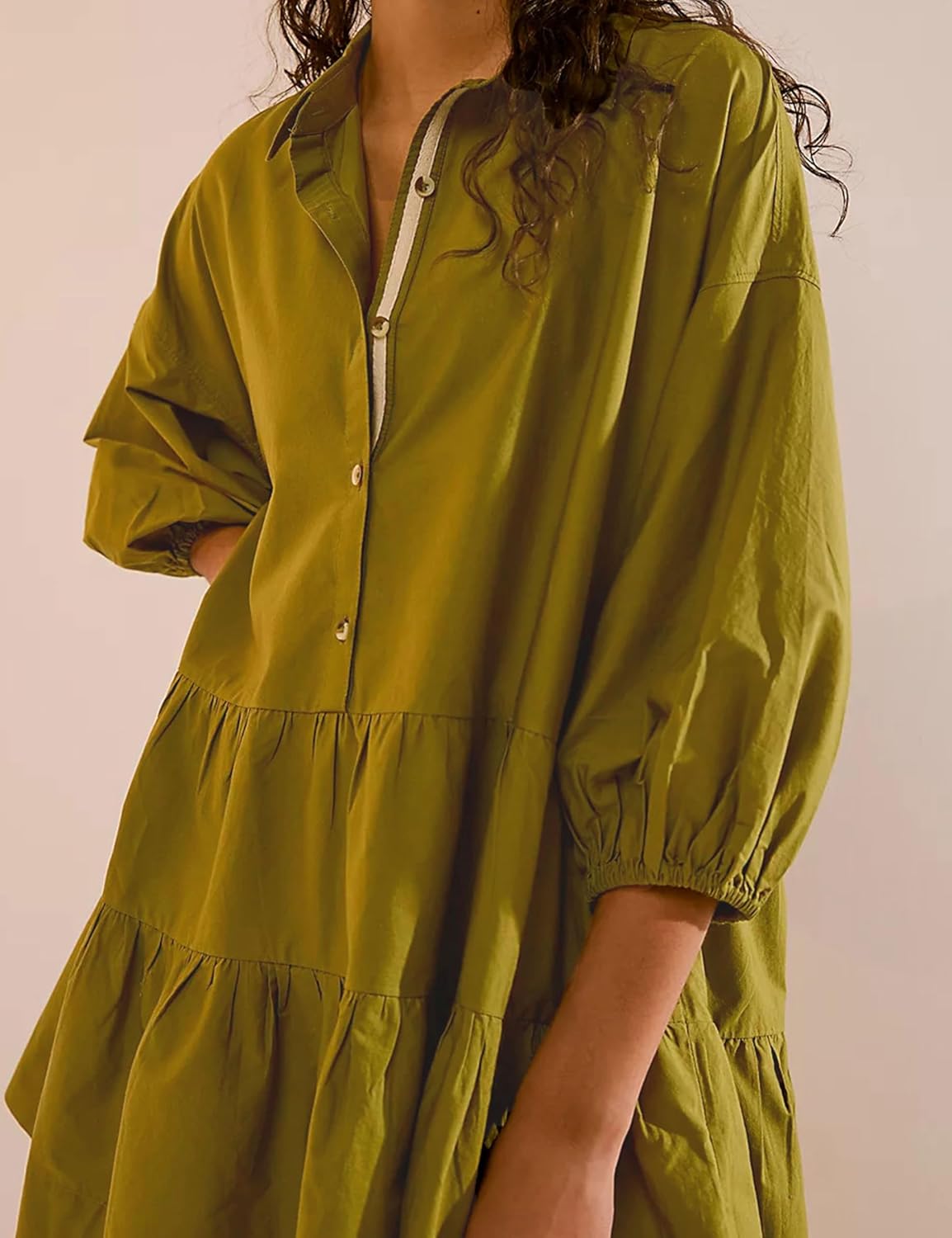 Zontroldy Women's Oversized Casual Collared Babydoll Mini Dresses Puff Sleeve A-line Tiered Shirt Tunic Dress - Image 5