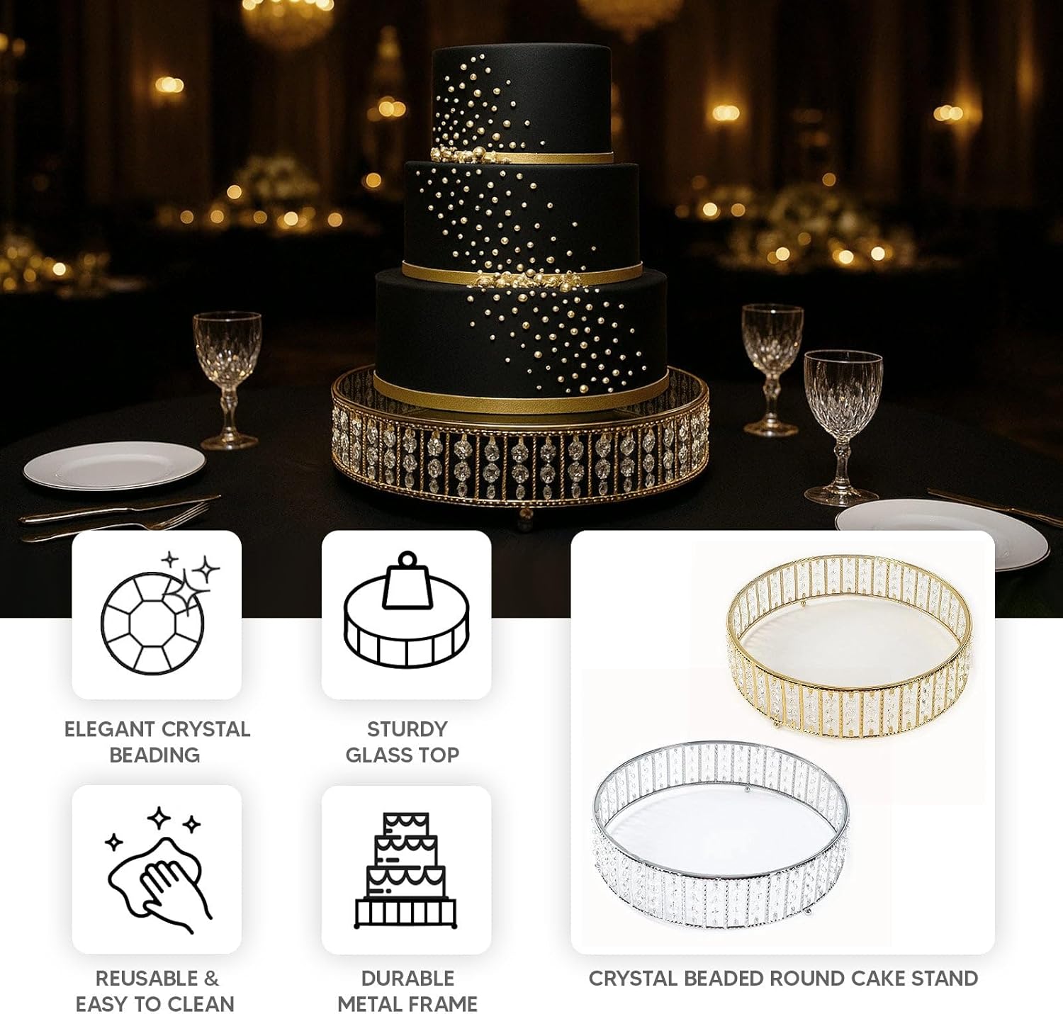 Efavormart 14" Round Gold Crystal Cake Stand - Mirror Glass Top Metal Dessert Pedestal with Hanging Beads for Wedding, Party Decor