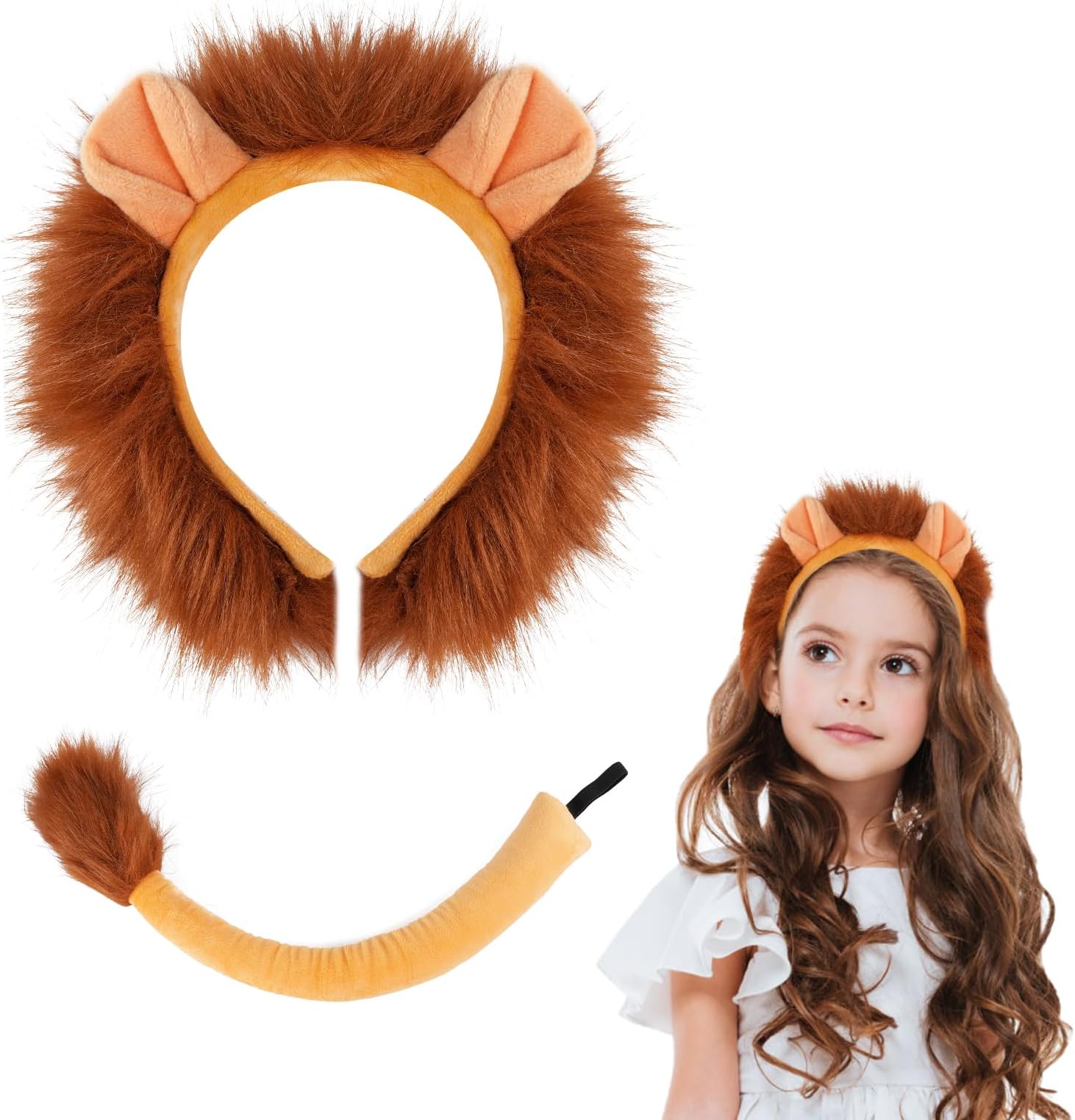 ACWOO Animal Costume Accessories set, 2PCS Lion Ears Headband & Tail Set for Kid and Adult, Animal Fancy Dress for Halloween Birthday Christmas Cosplay Accessoy Lion Theme Party Favors
