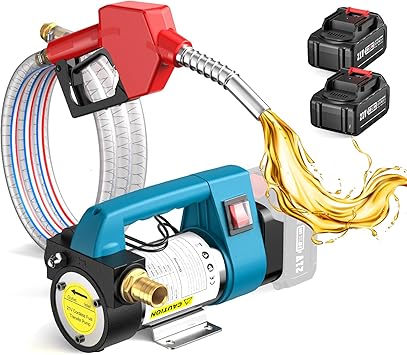 SEESII Fuel Transfer Pump Battery-Powered 12 GPM Electric Diesel Transfer Pump with 2 x4.0Ah Batteries, Portable Cordless Pump Kit with Auto Shut-Off Nozzle & 2x6.6 FT Hoses for Diesel Kerosene