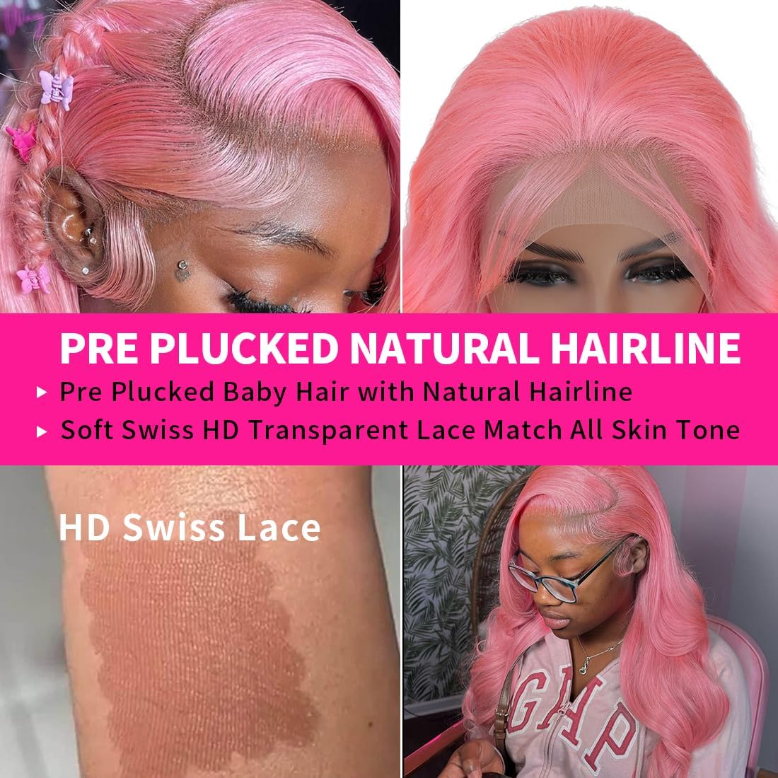 BUGUQI Pink Lace Front Wigs Human Hair Pink Wigs Human Hair Body Curly Human Hair Wig For Women Body Wave Lace Frontal Wigs Human Hair 200% Density HD Transparent Pre Plucked (Pink, 20 Inch)