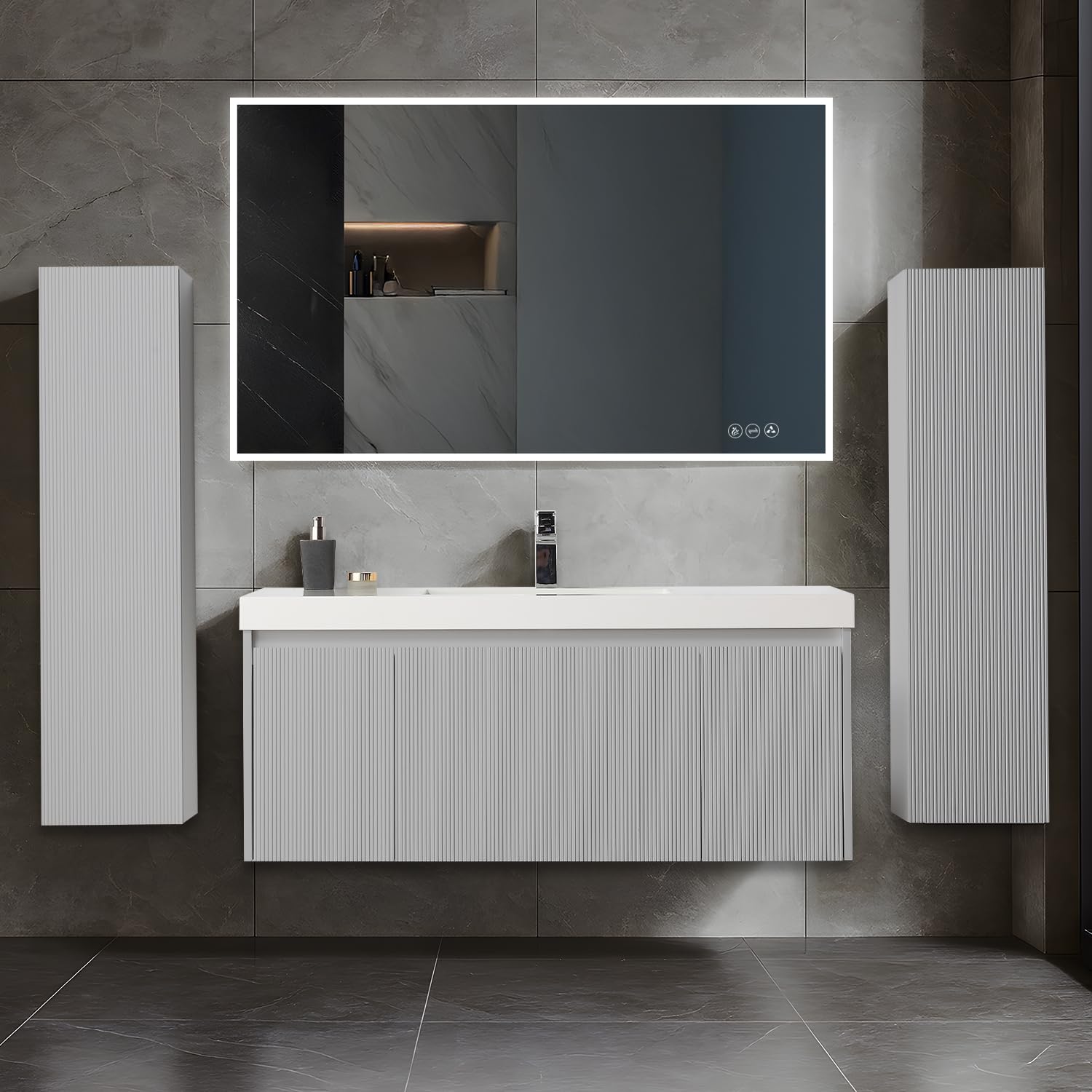 Blossom 48 Inch Bathroom Vanity with Sink and 2 Side Cabinets, All Wood Wall Mounted Floating Bathroom Vanity Cabinet with Acrylic Sink, Soft-Close