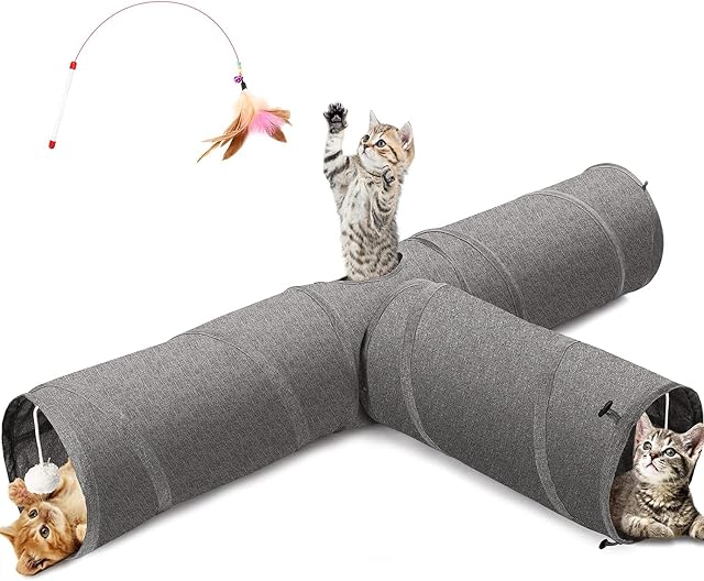 Ownpets Cat Tunnel, 3 Way Collapsible Kitty Tunnel 120CM Long Cat Tube with Plush Ball & Feather Toy, Large Cat Play Tunnel for Indoor Cat, Kitten, Puppy, Rabbit,and Mongoose