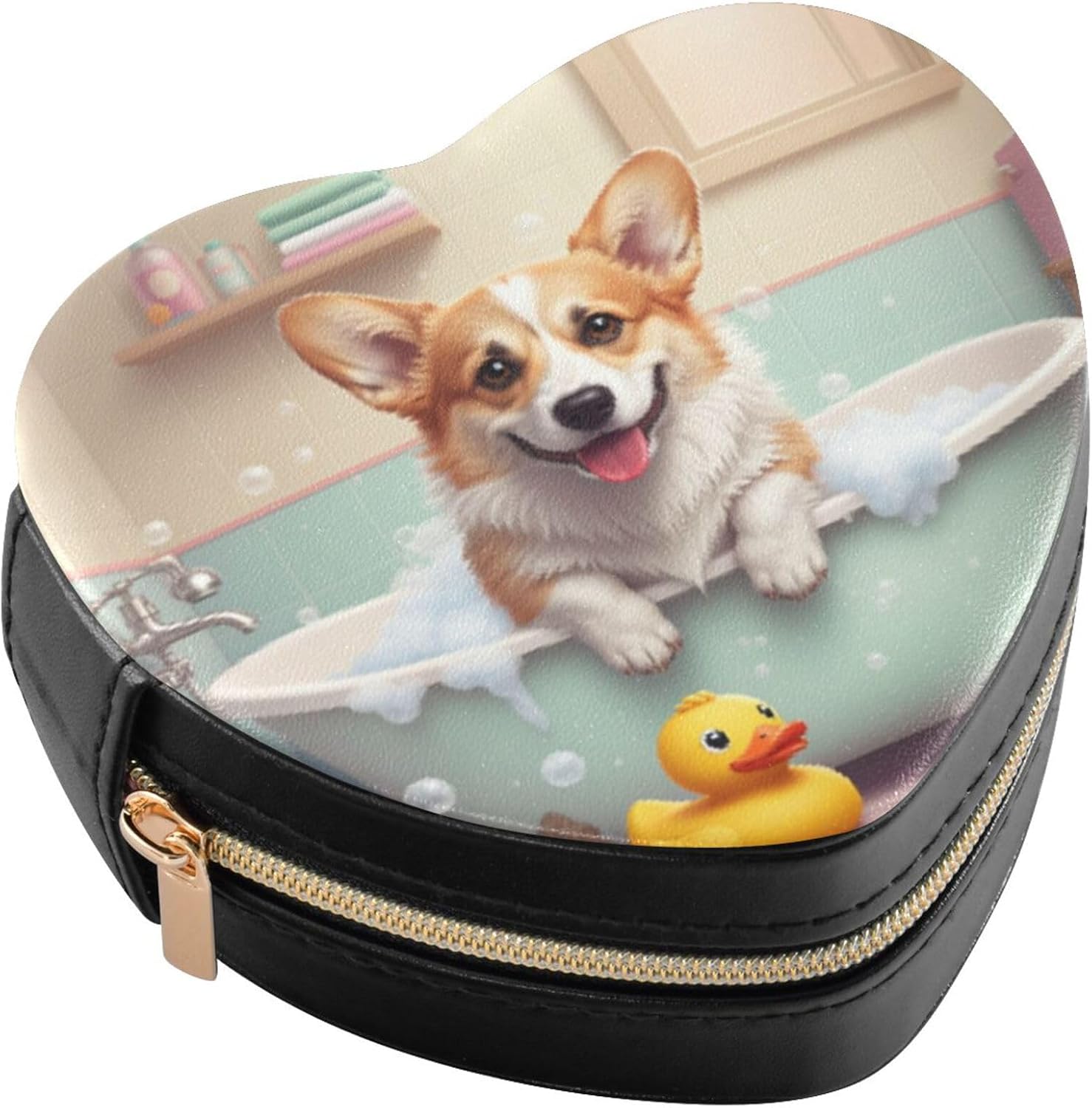 Corgi Dog in Tub Mini Jewelry Box for Women Girls, Travel Heart-shaped Jewelry Case Small Organizer Storage, Gift for Girlfriend Daughter Mom