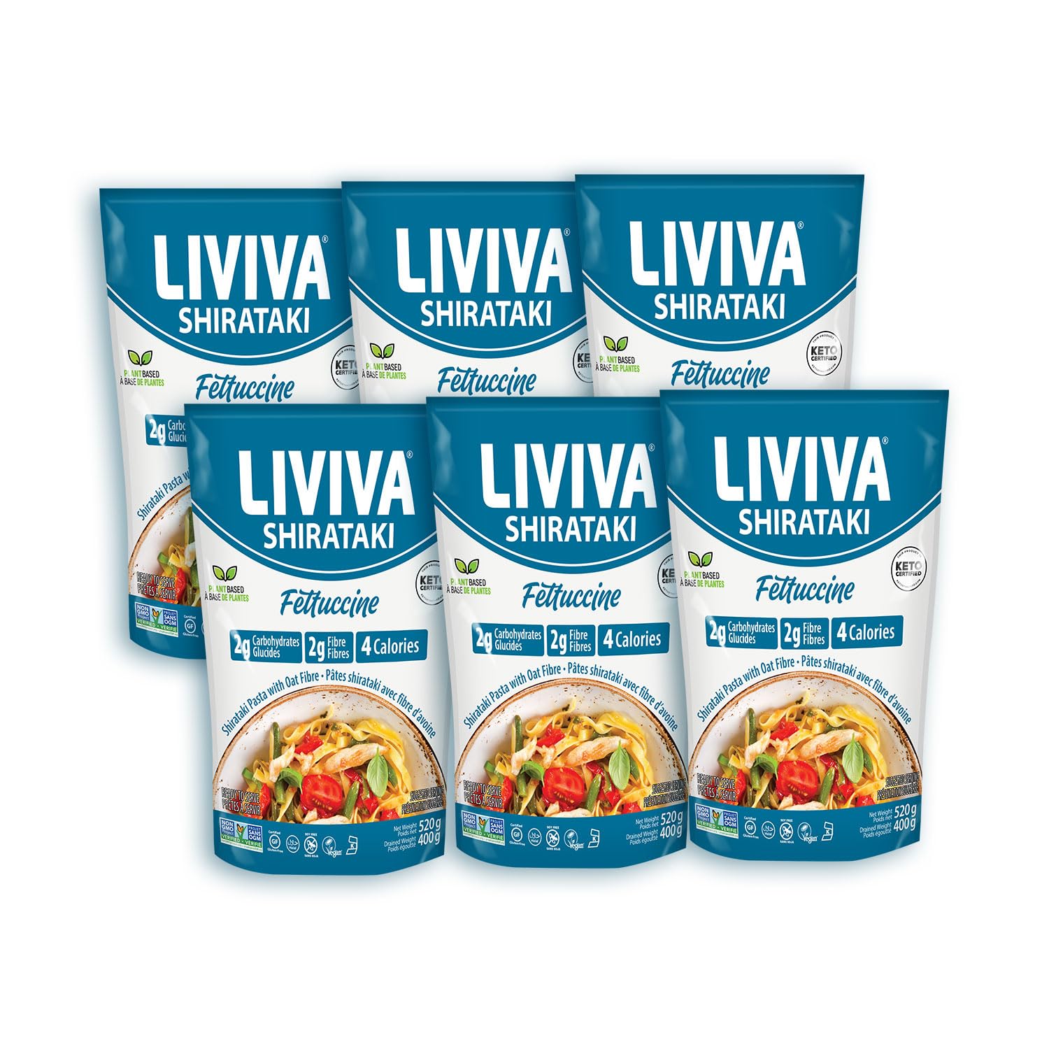 LIVIVA Organic Shirataki Konjac Fettuccine (6 Pk) – Diabetic-Friendly Low Carb, Low Calorie Pasta Noodles Ready to Serve – No Odor, Certified Non-GMO, Gluten Free, Vegan, Plant-Based, Keto, Kosher, Halal