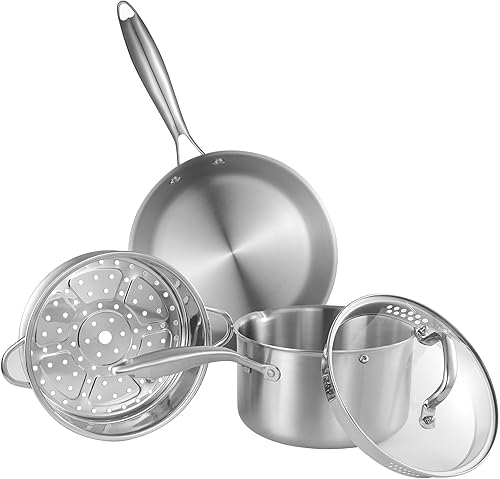Leetaltree Juego de utensilios de cocina de acero inoxidable de 3 capas, cacerola de 3.5 cuartos de galón con cesta de vapor y sartén de 7 pulgadas,