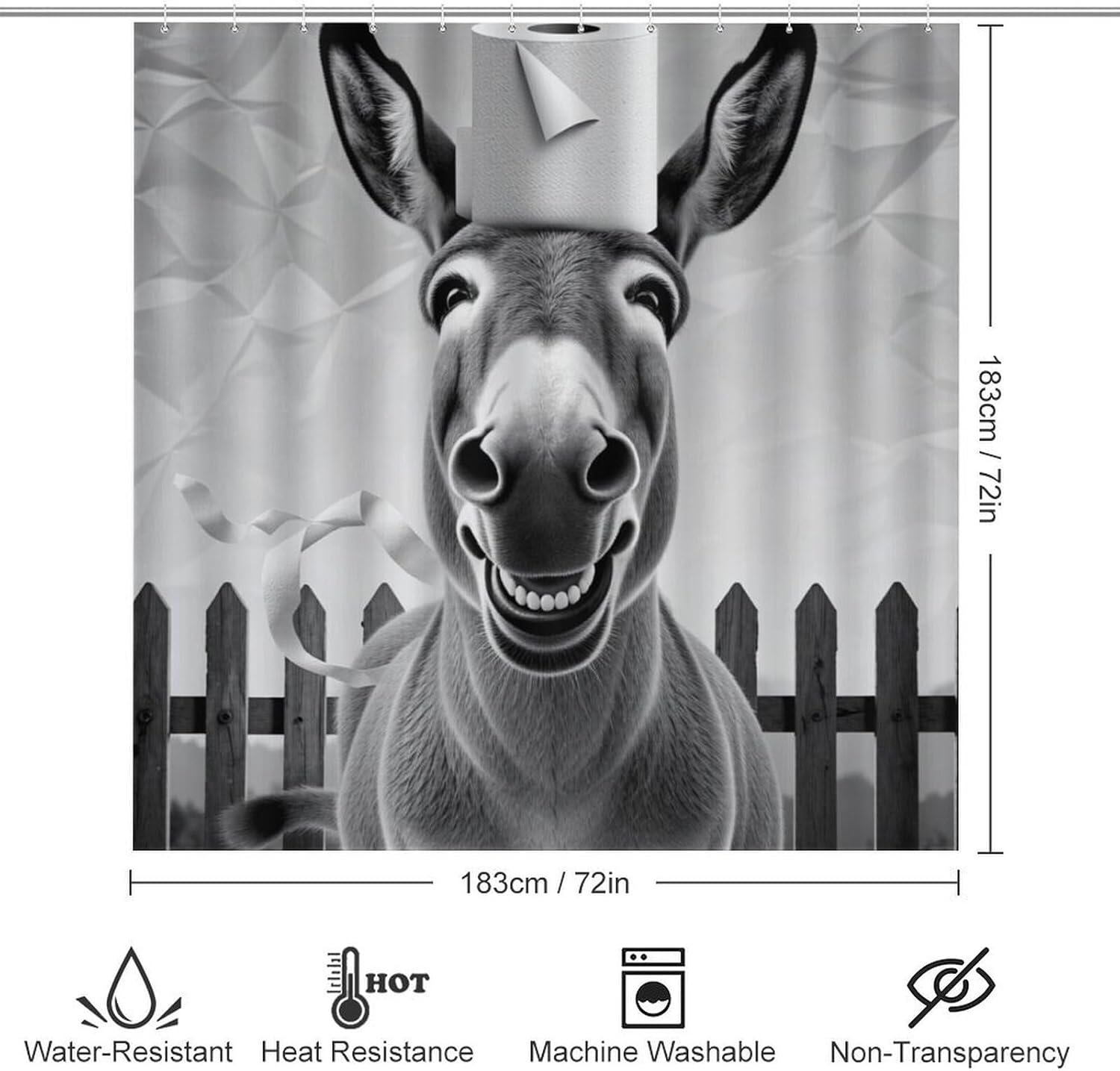 4PCS Funny Donkey Tissue Fence Ear Shower Curtain Set 72W X 72L, Funny Nose Gray Print Bathroom Decor, Toilet Lid Cover Non-Slip Rugs and U-Shaped Mat Set 12 Hooks