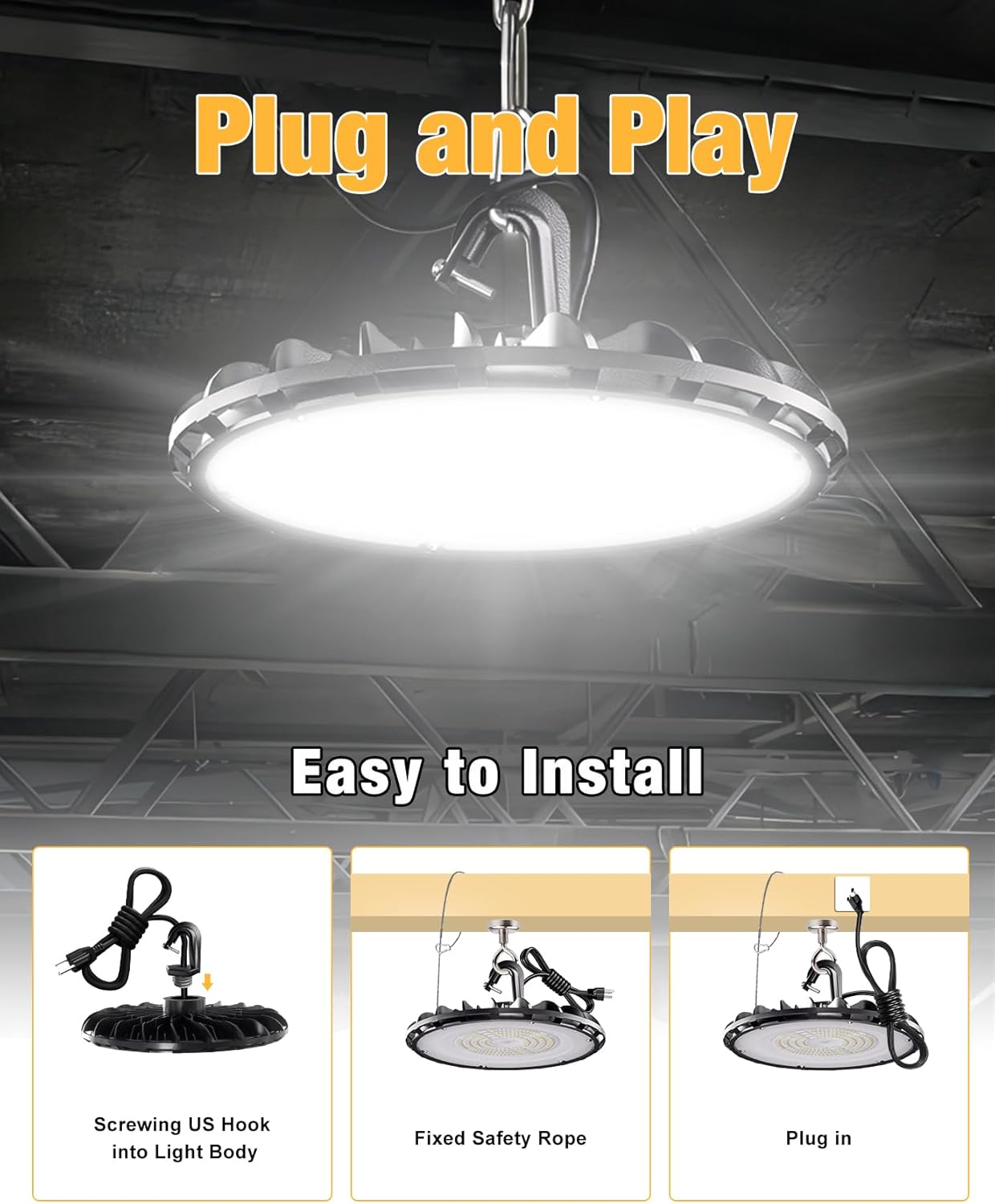 UFO LED High Bay Light 100W 10Pack, High Bay LED Shop lights 5000K 11,000Lm with US Plug, Hanging Hook, Safe Rope, Waterproof Commercial Bay Lighting for Warehouse Factory Barn Shop - UL Listed