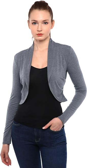 AmelieBoutik Women Shrugs Long Sleeve Bolero Open Front Cropped Pleated Sides Cardigan