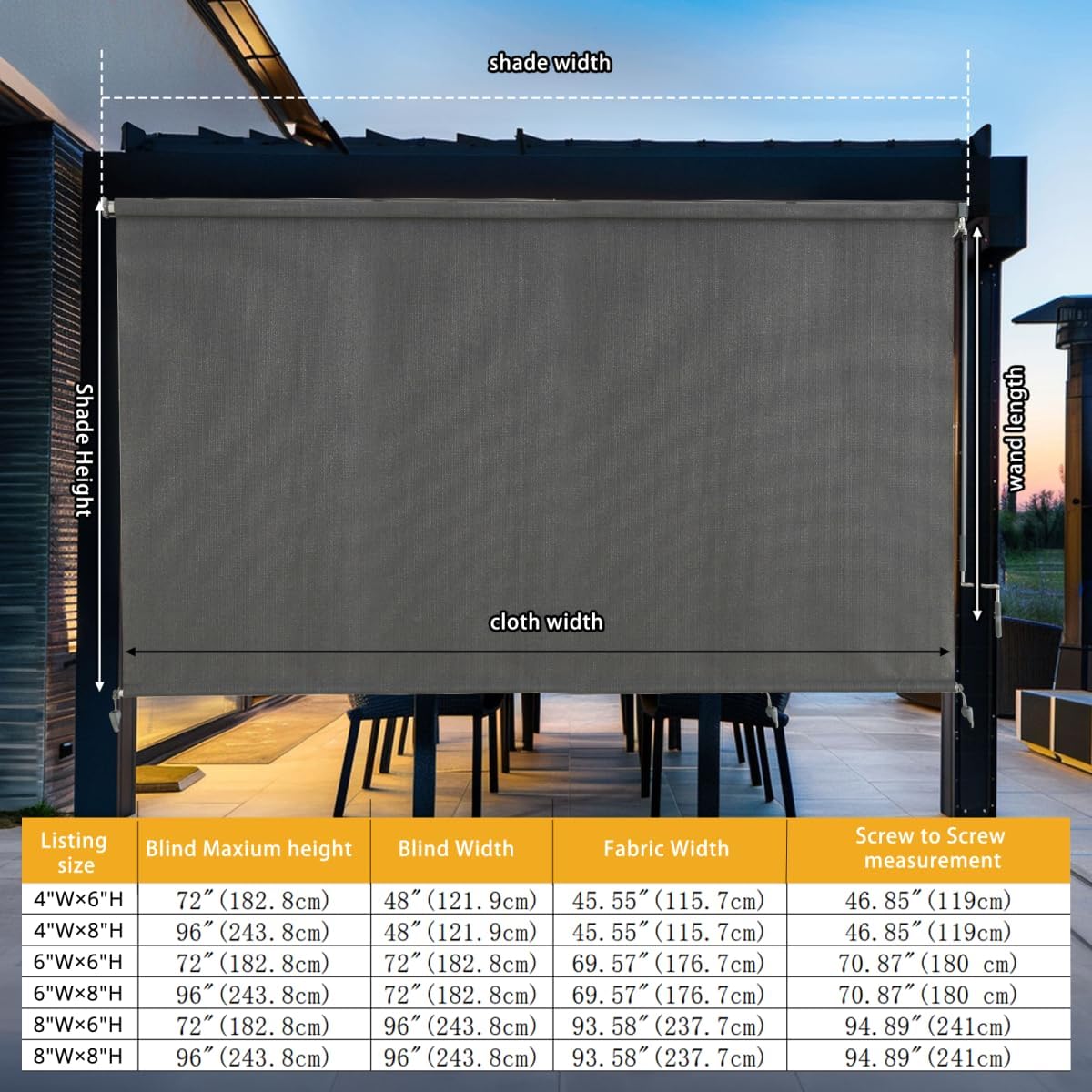 sunoff outdoor roller shades, cordless patio roller up blinds with shade cloth for porch gazebo pergola balcony backyard, 2 poles & 1 fabric, grey, 96" wx72 h 96"w x 72"h grey