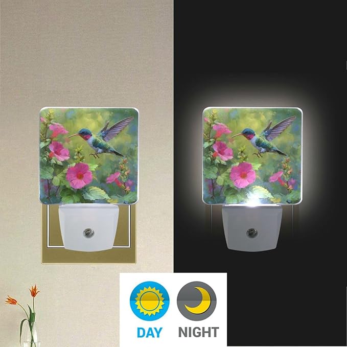 Vdsrup Spring Hummingbird Night Light Set of 2 Purple Flowers Bird Nightlights Summer Plug-in LED Nightlight Auto Dusk-to-Dawn Sensor Lamp for Bedroom Bathroom Kitchen Hallway Stairs photo 5