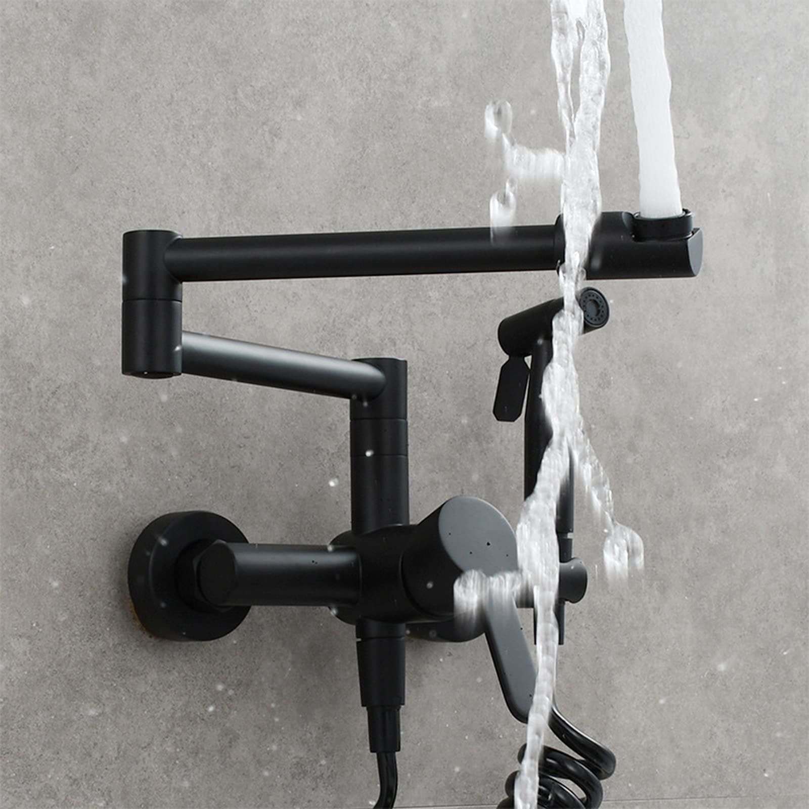 Grifo de Cocina de Montaje en Pared con rociador, latón Extensible, Doble articulación, Brazos oscilantes, Fregadero de Cocina, Grifo Mezclador Monomando Caliente y frío, Negro(Noir)