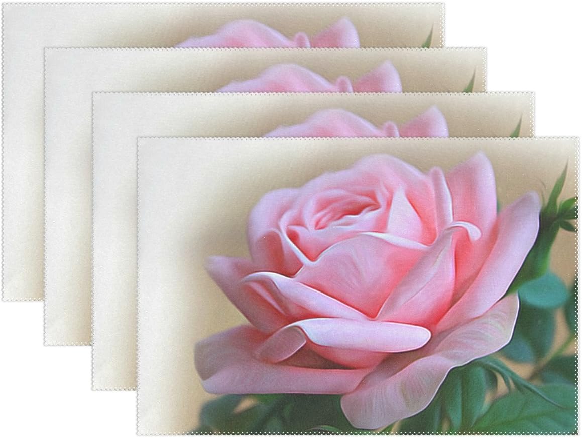 LEVEIS Pink Rose Placemat Table Mat,Beautiful Art Painting 12" x 18" Polyester Table Place Mat for Kitchen Dining Room 1 Piece