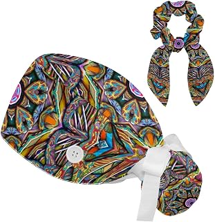 FVQL 2 Pieces Surgical Cap for Long Hair Scrub Cap with Hairband Nurse Cap, Mandala Floral Abstract Colorful