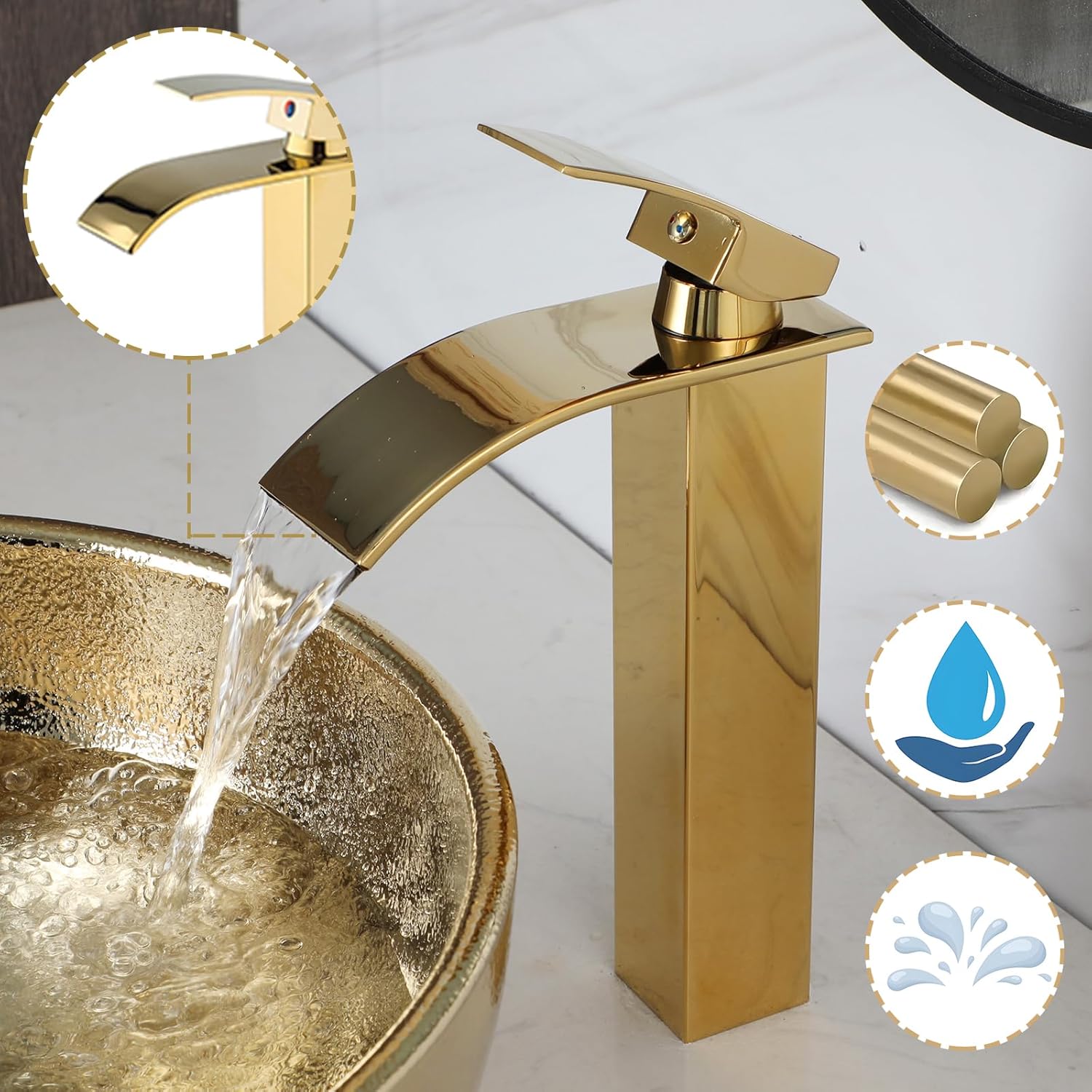 Gold Ceramic Vessel Sink with Faucet and Drain 16 Inch Bathroom Sink Above Counter Round Basin Bowl Sink for Bathroom