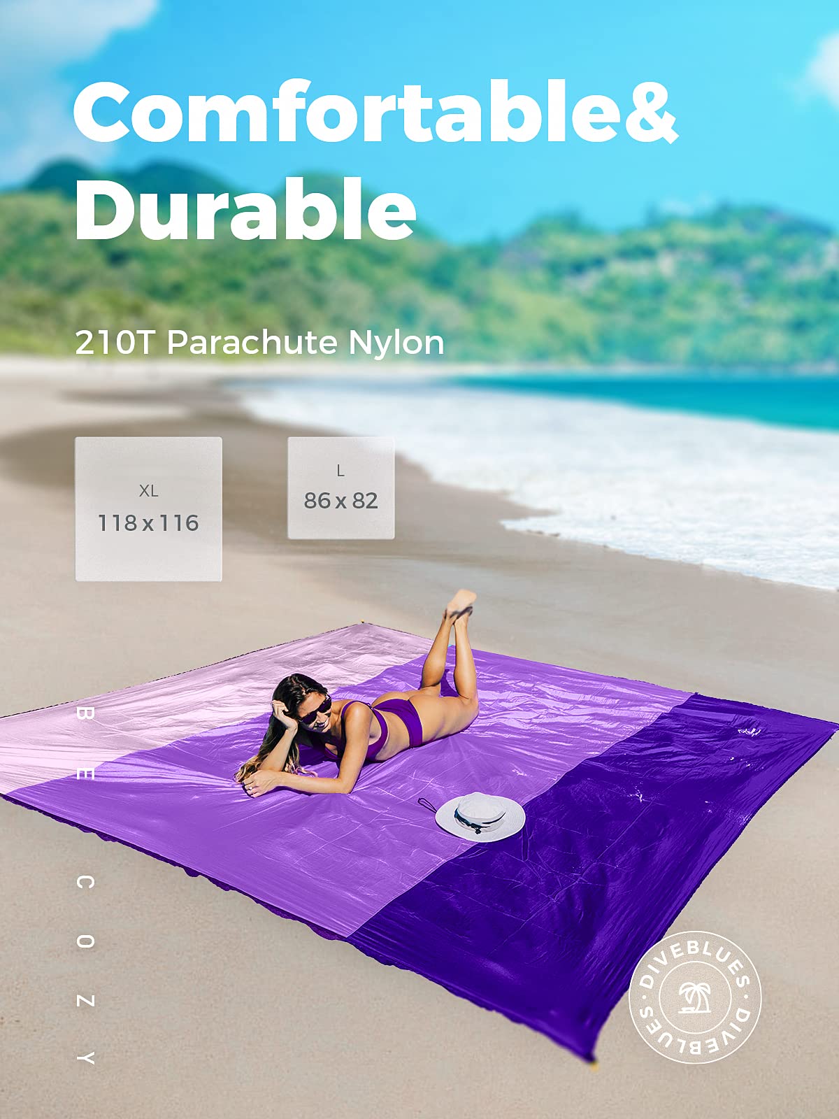 OCOOPA Diveblues S09 Sandproof Beach Blanket Waterproof, Extra Large 8 Persons Family Size, Comfortable Parachute Nylon, Cozy& Chic, Compact& Light, Reinforced Windproof, 4 Stakes&1 Travel Bag