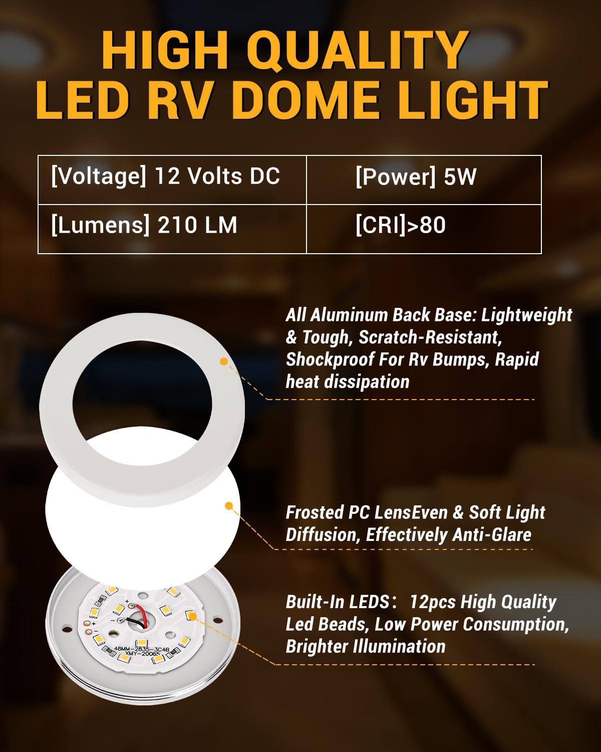 6 Pezzi Faretti 12 Volt per Camper Faretto 12V LED per Camper 3000K 210LM 5W Non Incasso per Roulotte Furgone Barca Cucina
