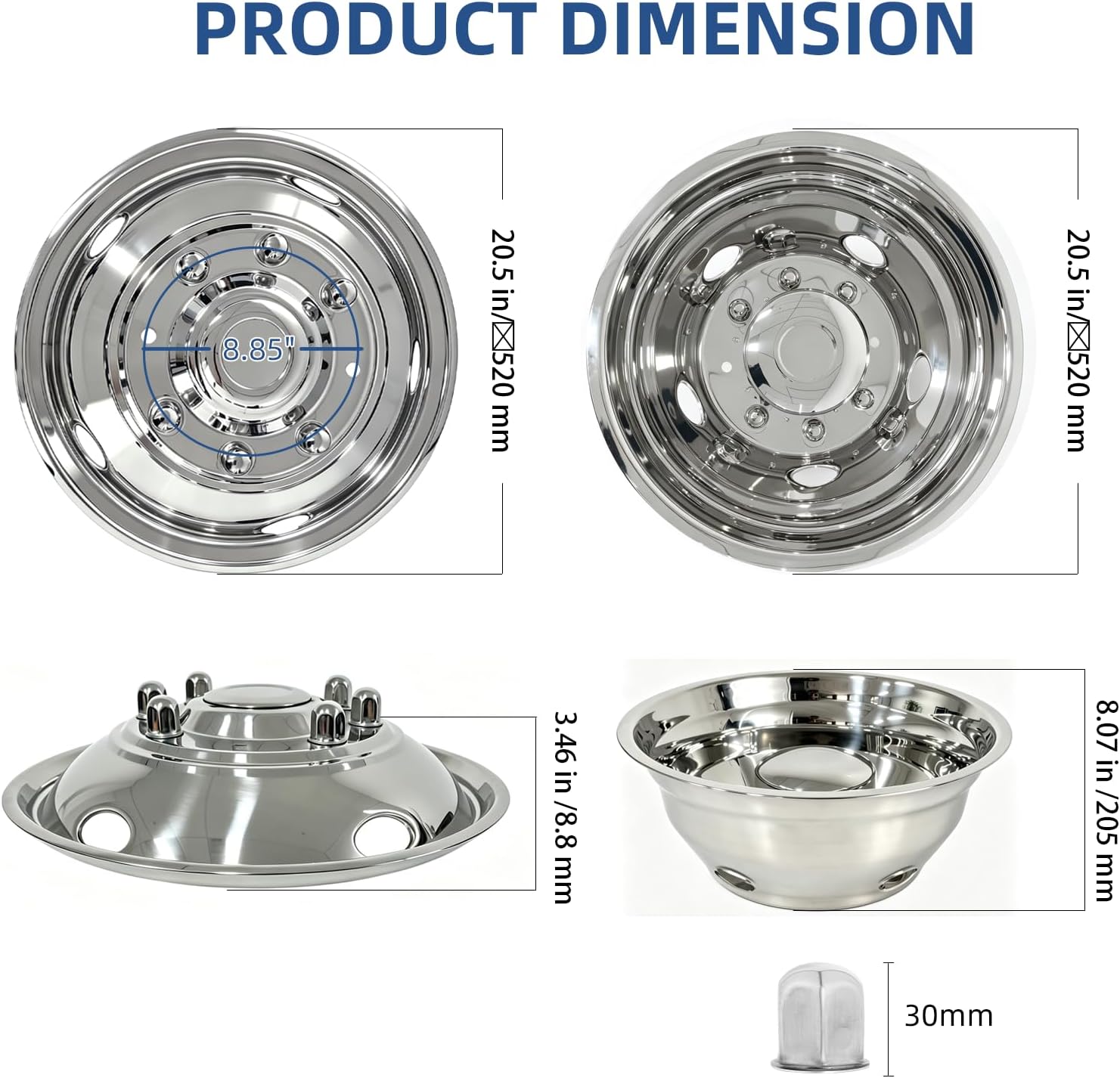 hightall 19.5 Wheel Simulators, 19.5" 10 Lug Stainless Steel Hubcaps,Polished Surface,2Pcs Front Wheel/2Pcs Rear Wheel,Bolts On Wheel Cover Set Compatible with Ford 1999-2002 F450/F550