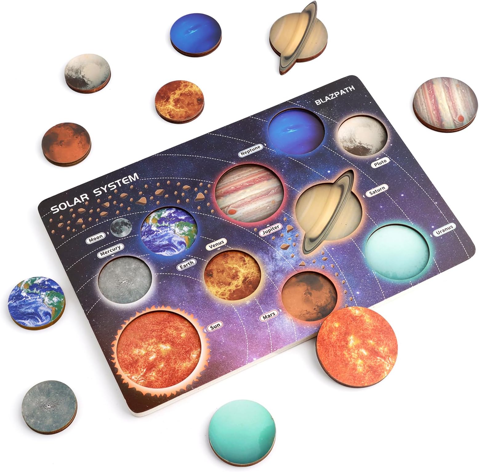 Solar System Wooden Puzzle Toys for Kids 3-5, Toddler Outer Space Montessori Planet Toys Gifts for Girls & Boys, Preschool Solar System Learning Planet Wood Puzzle Board Sensory STEM Game