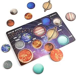 BLAZPATH Solar System Wooden Puzzle Toy Model for Kid 3-5, Toddler Montessori Movable Planet Name Board Game, Outer Space Themed Imaginary Sensory Play Gift, Preschool Science Stem Learning Activity