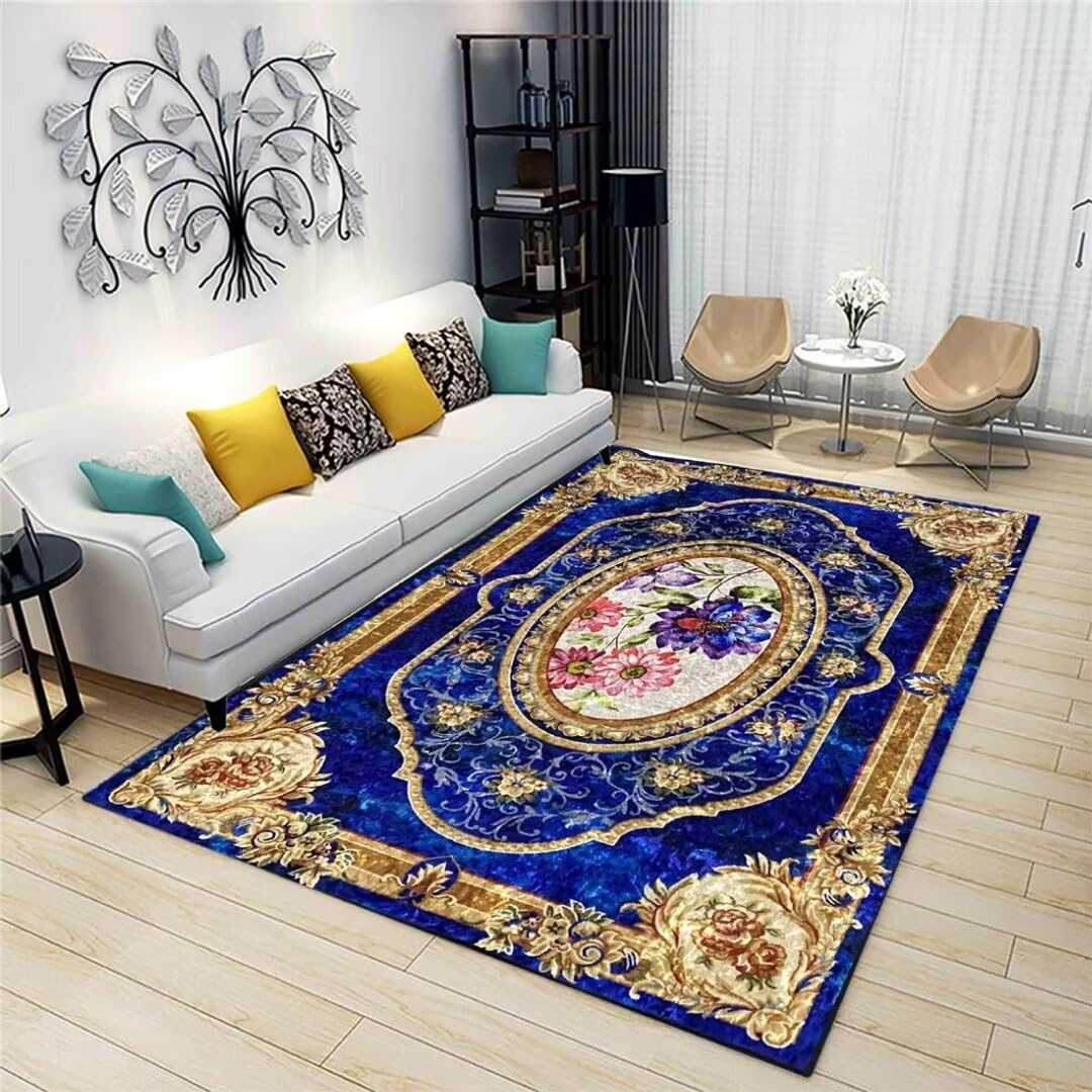 Tapis chambre gamer au motif floral vintage bleu pour salon