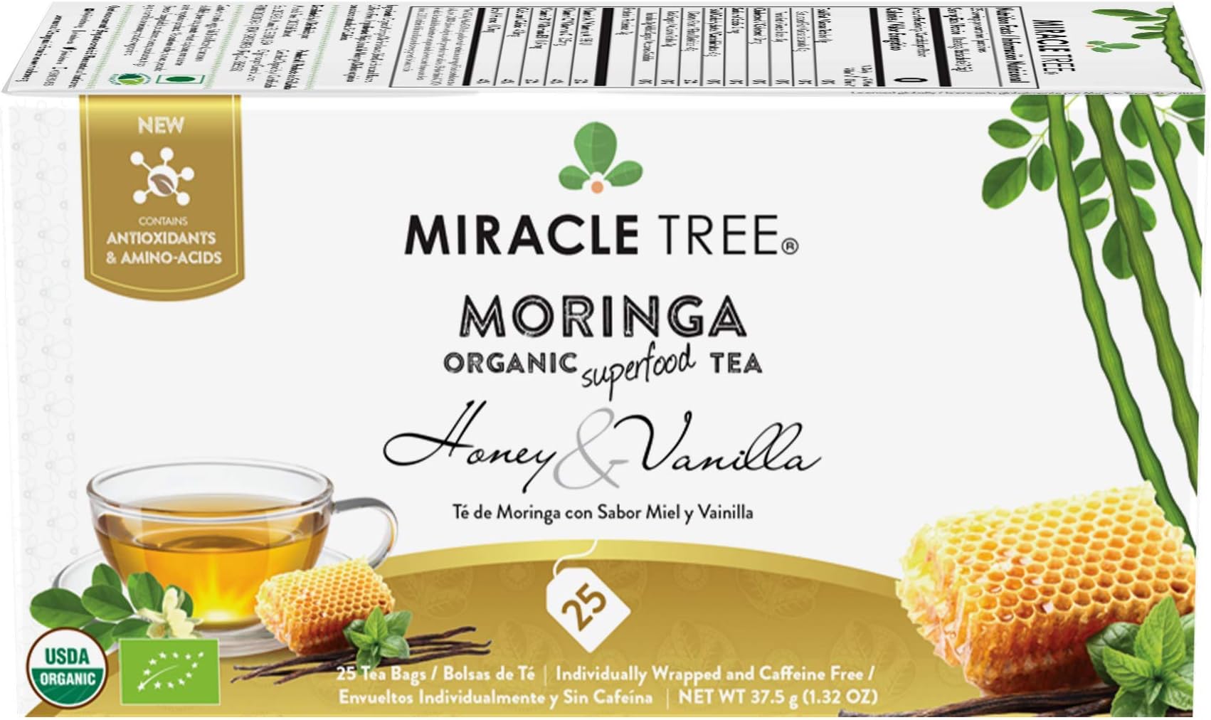 Miracle Tree - Organic Moringa Superfood Tea, 25 Individually Sealed Tea Bags, Honey & Vanilla (Keto, Detox, Energy/Immunity Booster, Vegan, Gluten-Free, Organic, Non-GMO, Caffeine-Free)
