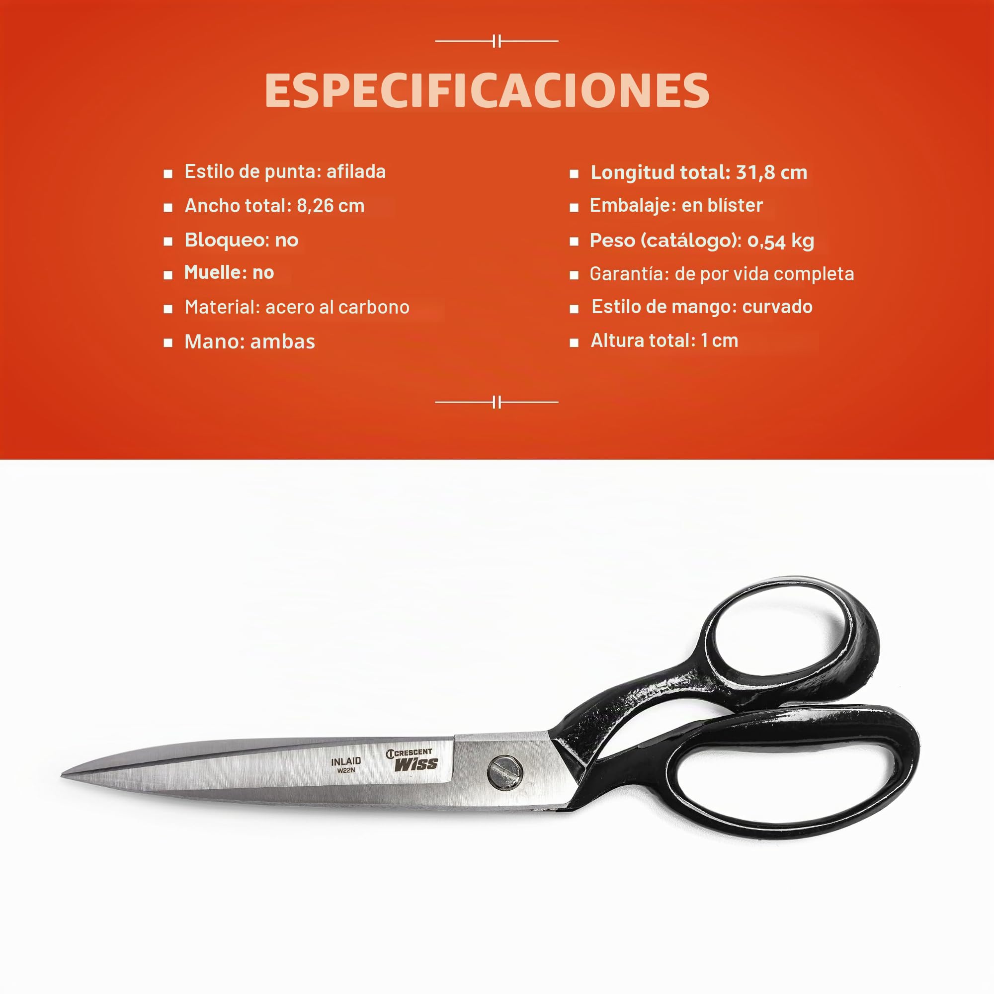 Wiss W22N Tijeras Industriales de Mango Doblado con Hojas Rectificadas de Precisión para Bordes de Corte más Afilados y Una Vida Útil Más Larga de la Hoja, 318mm