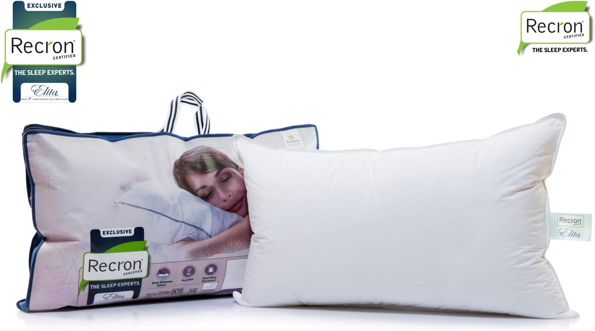 Recron Certified Elita Microfibre Pillow (White, 43 cm x 69 cm)