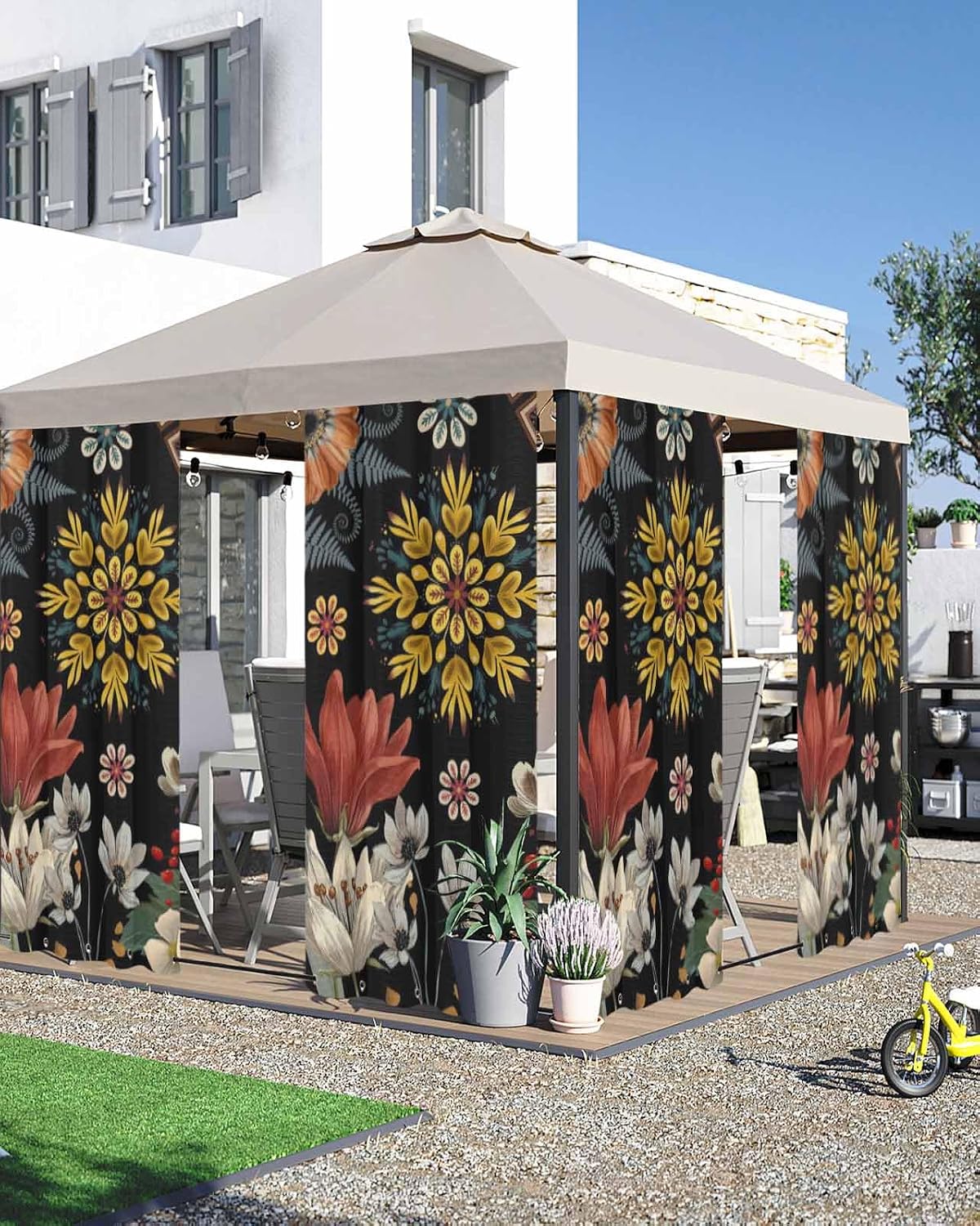 Bohemia Outdoor Curtains for Patio Waterproof, Vintage Boho Floral Flowers Leaves Plants Black Outdoor Privacy Panels Grommet Sun Blocking Outside Curtains for Porch, Pool, Balcony, 54W x 84L inch x2