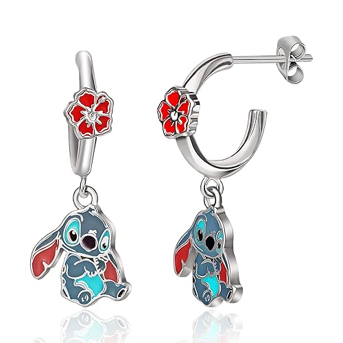 Disney Lilo & Stitch Hoop Earrings for Women – Officially Licensed Enamel and Silver Flash-Plated Stitch Dangle Earrings - Flower