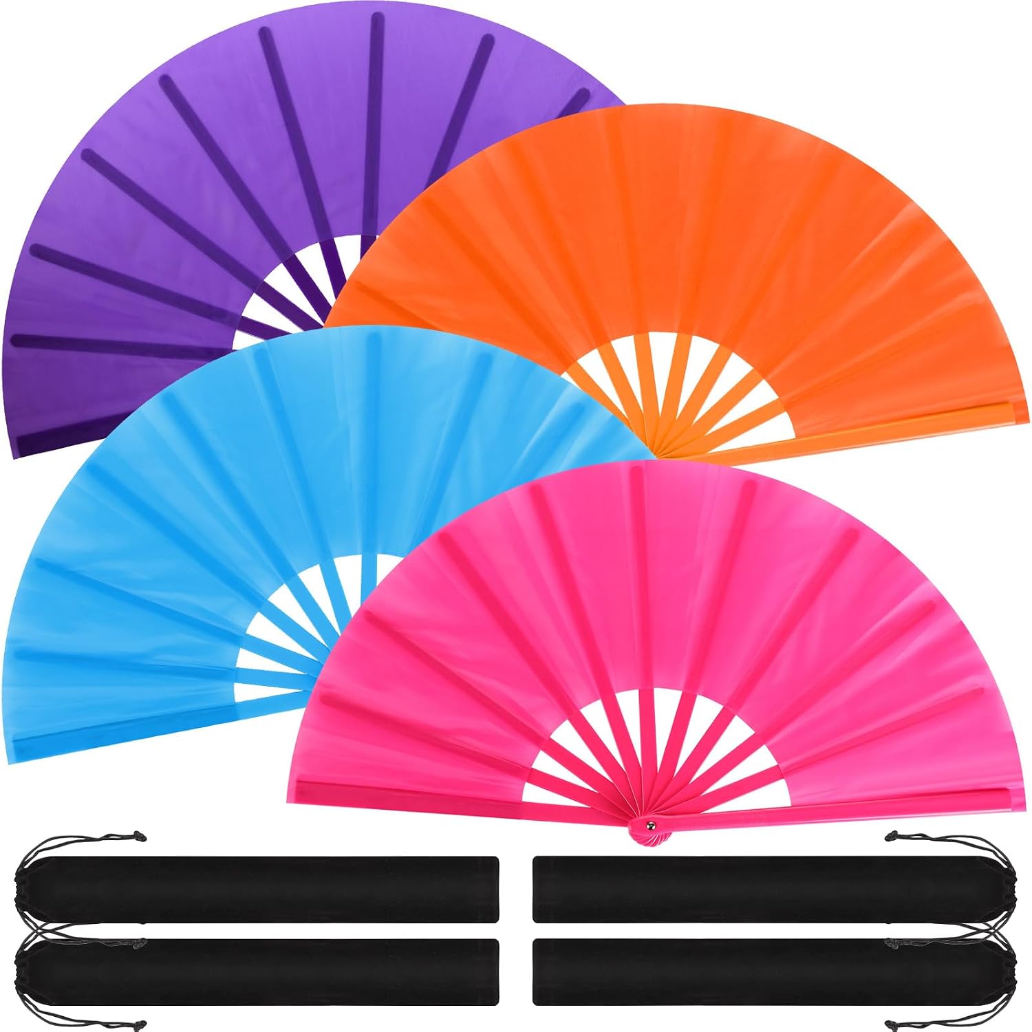 Blulu 4 Pcs Large Folding Fans Bulk with 4 Fan Sleeves, Chinese Kung Fu Hand Clack Rave Fans for Line Dancing, Festival, Party Decor and Performance(Classic Style,Purple, Blue, Orange, Pink,13 Inch)