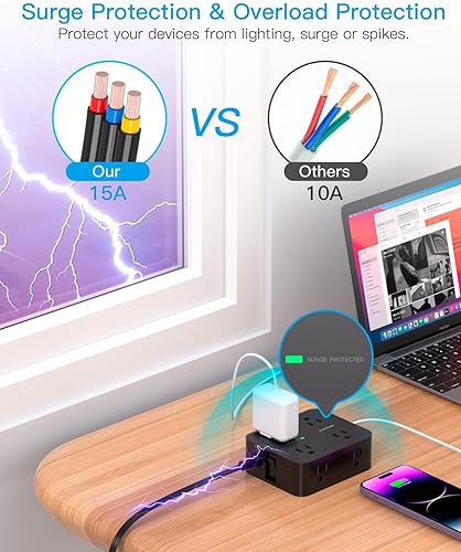 Miniatura 4 de Cable protector de sobretensiones de 10 pies, cable de extensión con 2 puertos USB C, extensor de salida múltiple con enchufe plano, soporte de
